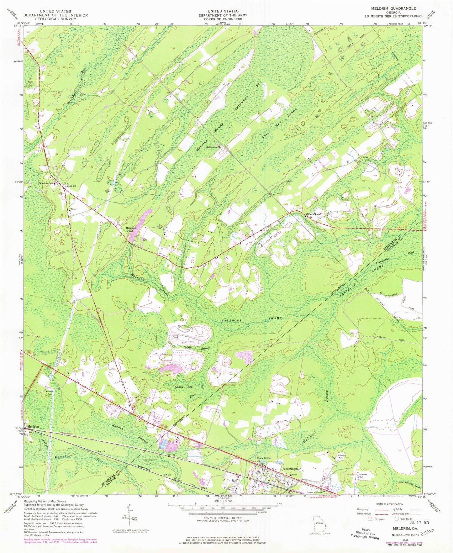 Classic USGS Meldrim Georgia 7.5'x7.5' Topo Map Image