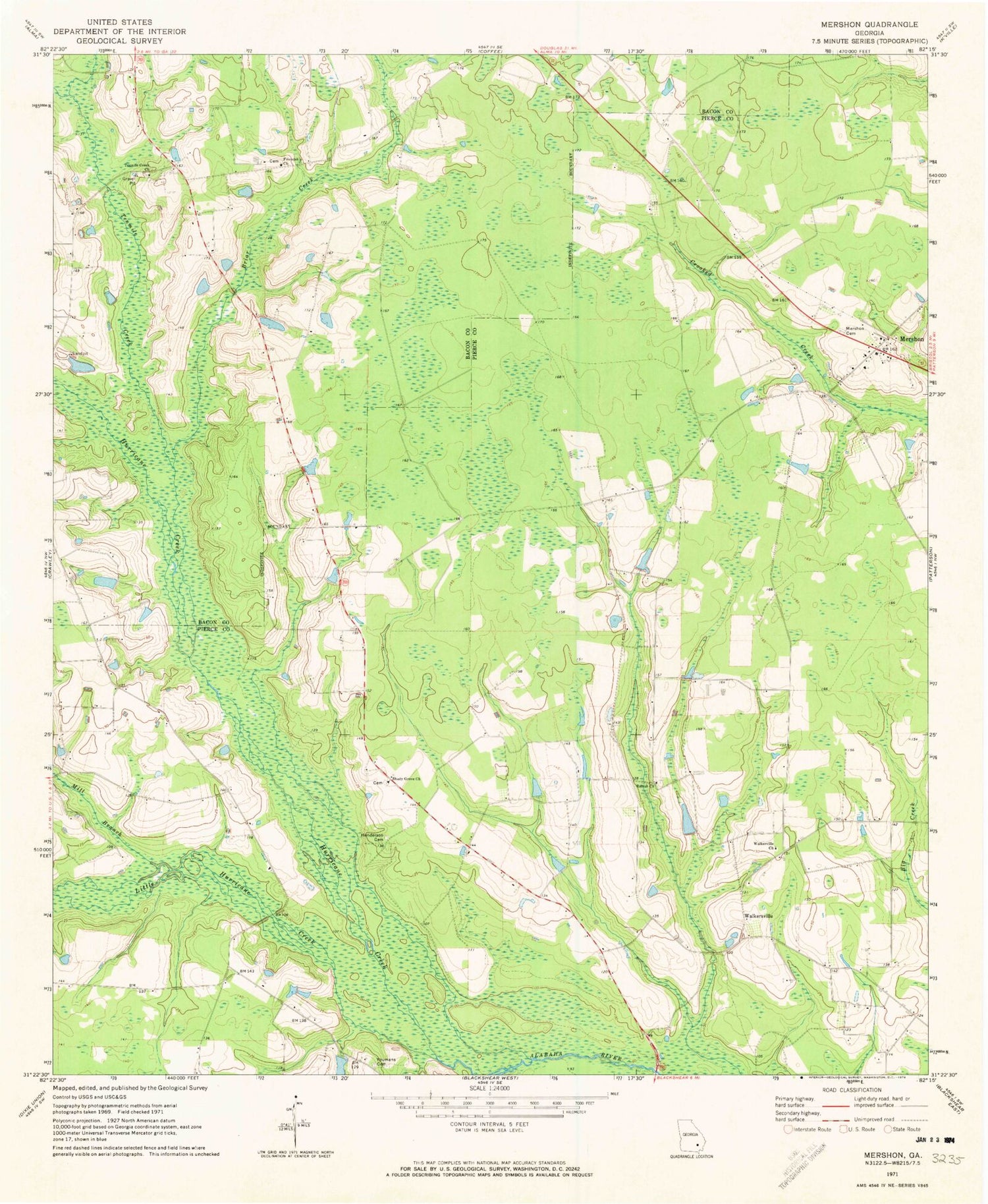 Classic USGS Mershon Georgia 7.5'x7.5' Topo Map Image