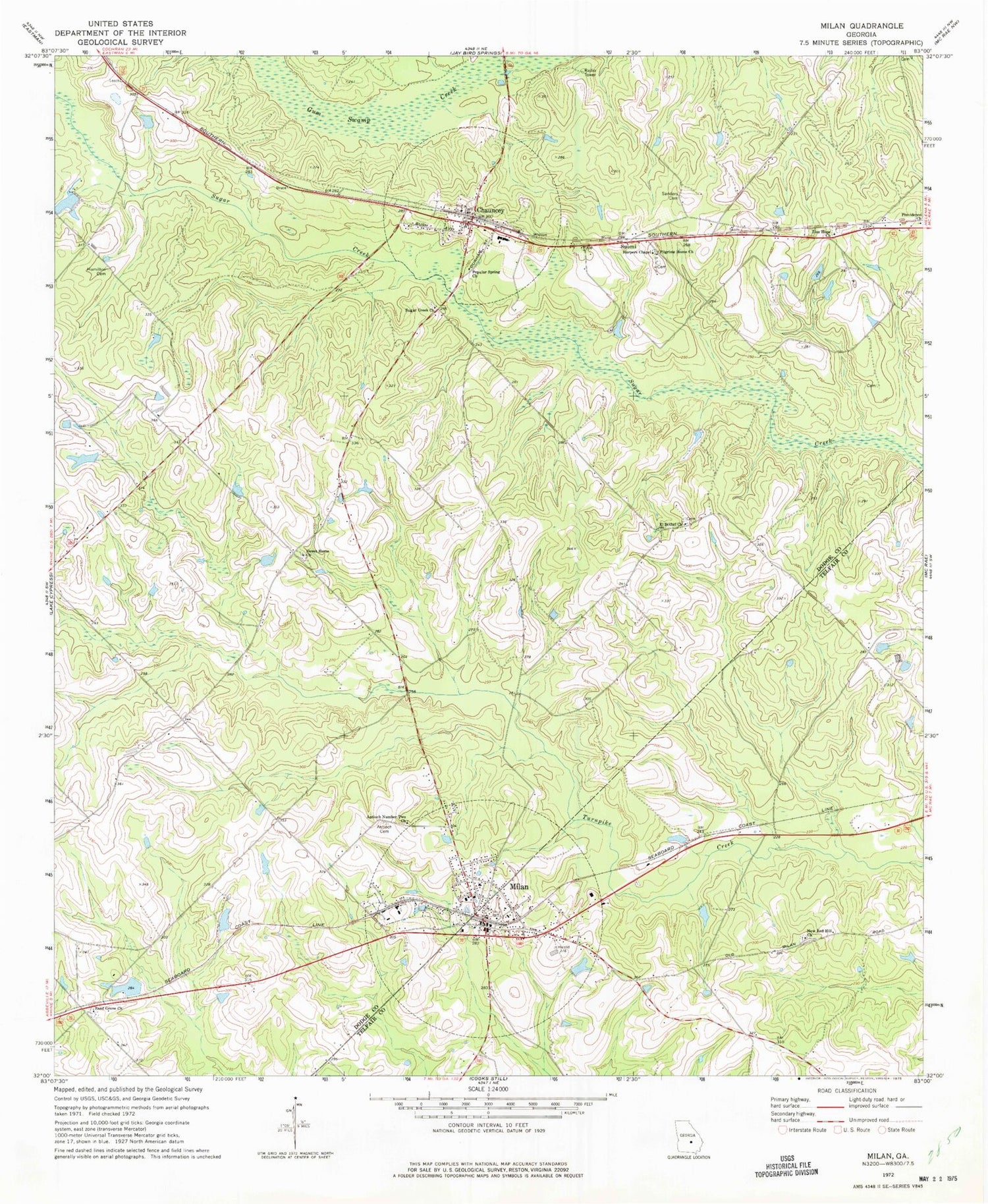 Classic USGS Milan Georgia 7.5'x7.5' Topo Map Image