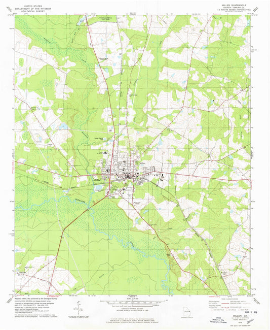 Classic USGS Millen Georgia 7.5'x7.5' Topo Map Image