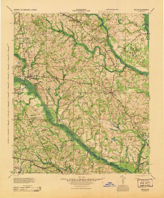 Historic 1943 Millen Georgia 30'x30' Topo Map Image
