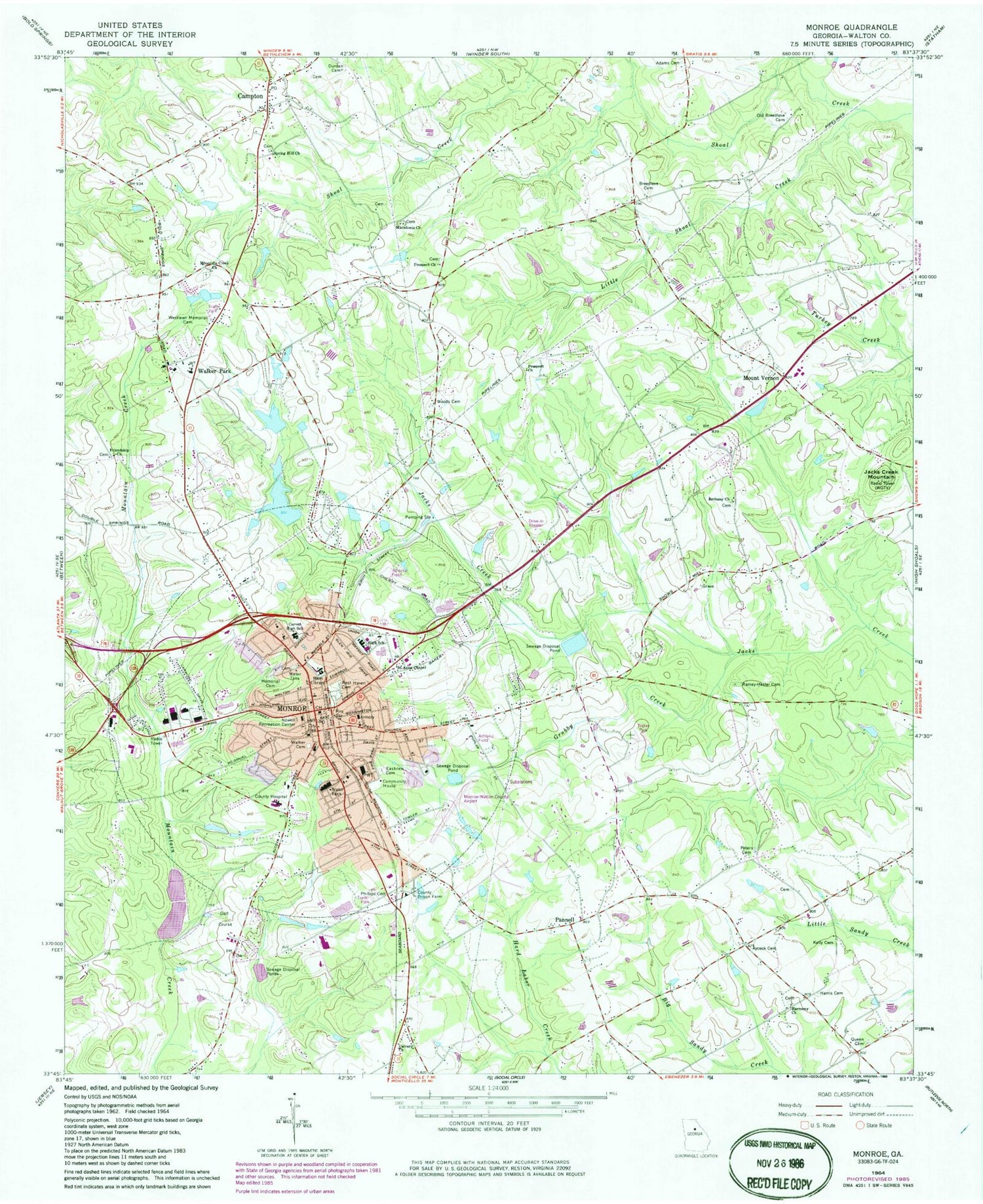 Classic USGS Monroe Georgia 7.5'x7.5' Topo Map Image