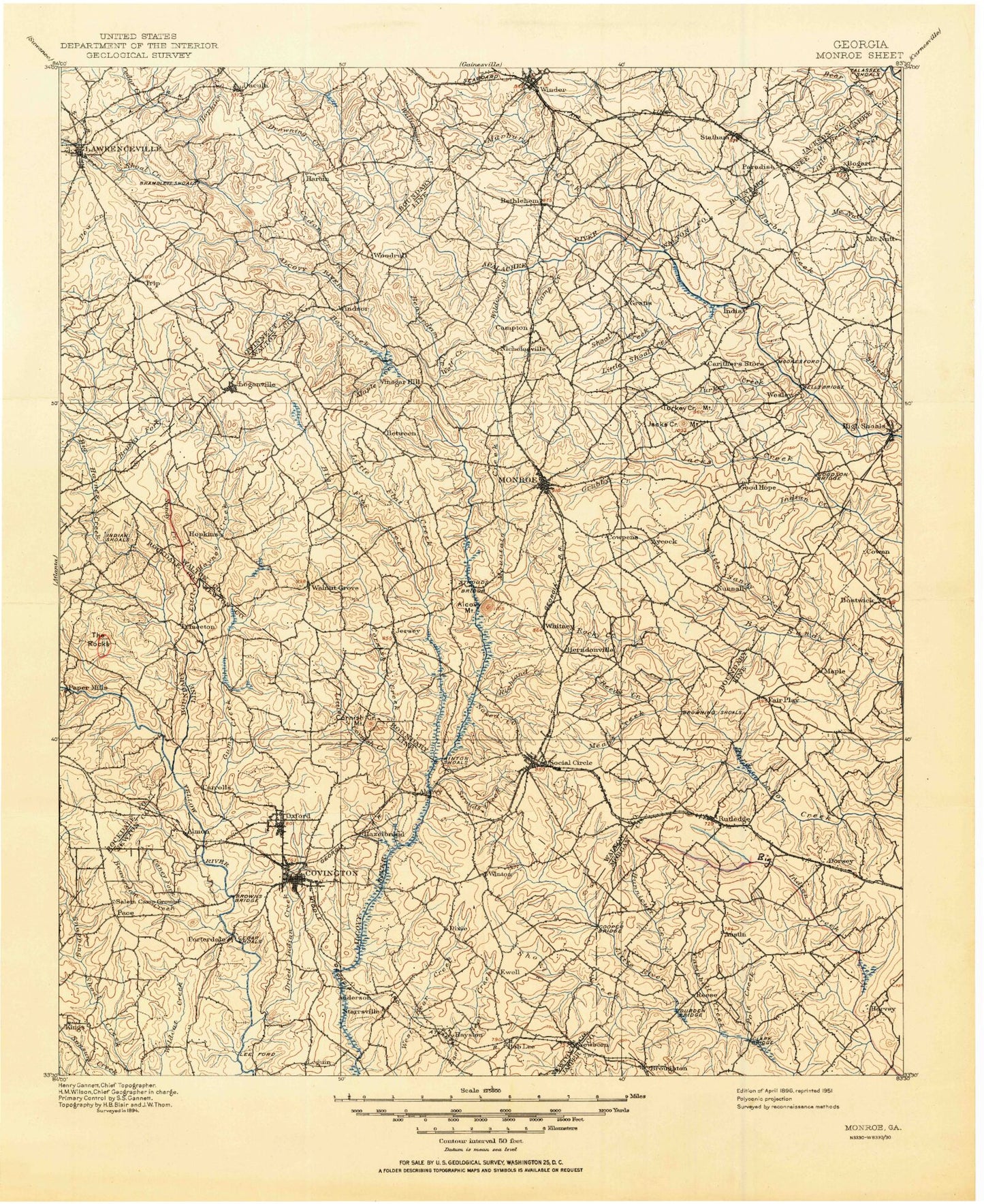 Historic 1896 Monroe Georgia 30'x30' Topo Map Image