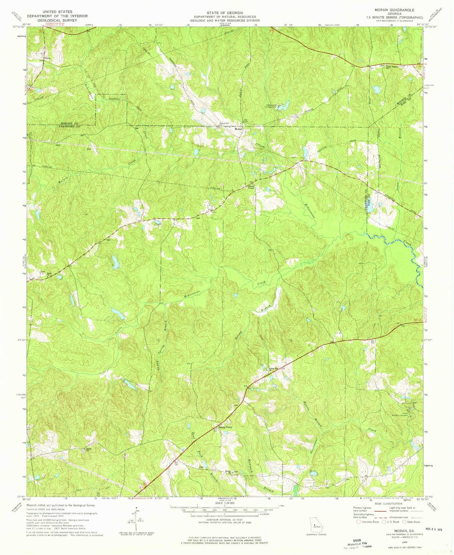 Classic USGS Moran Georgia 7.5'x7.5' Topo Map Image