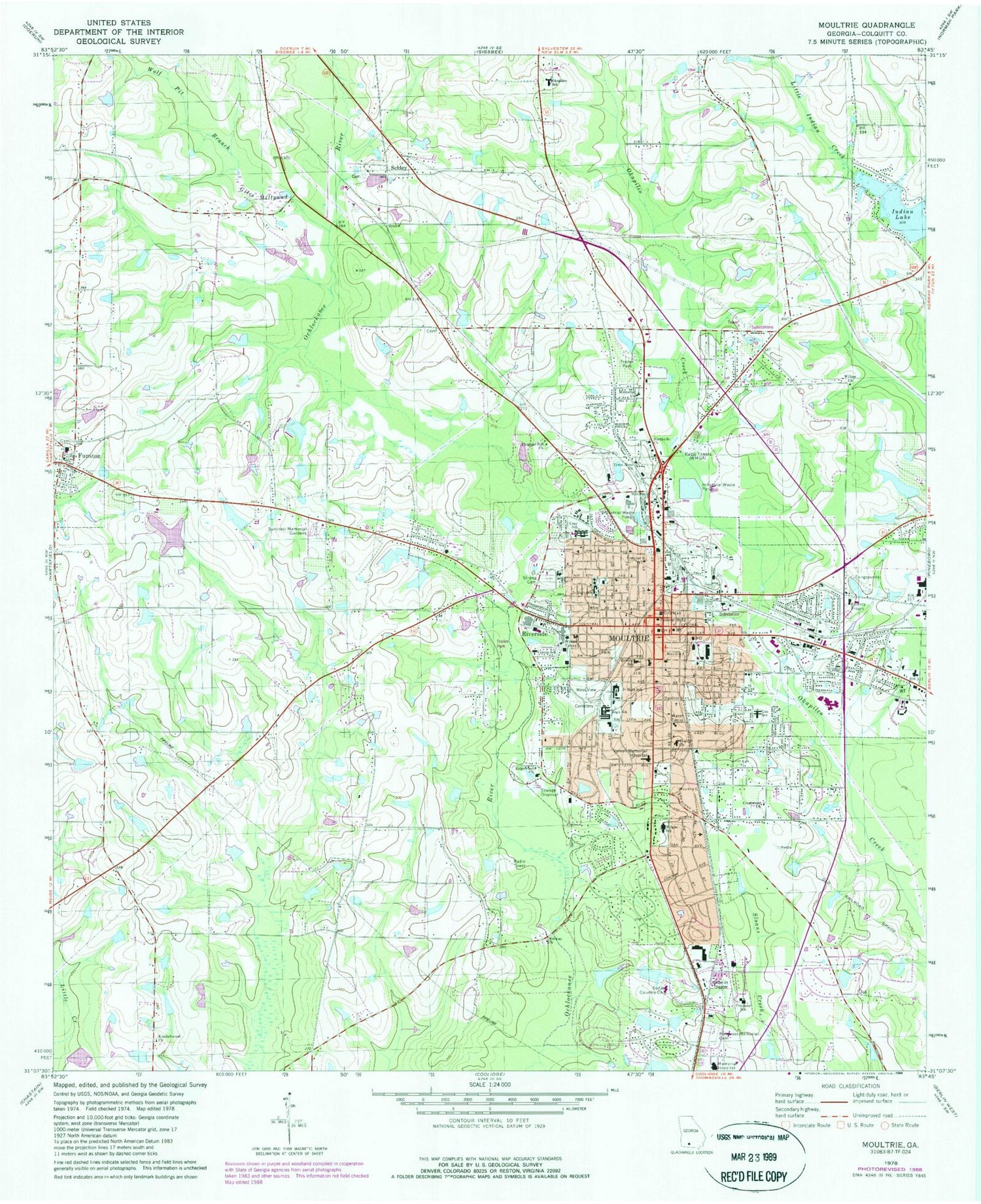 Classic USGS Moultrie Georgia 7.5'x7.5' Topo Map Image