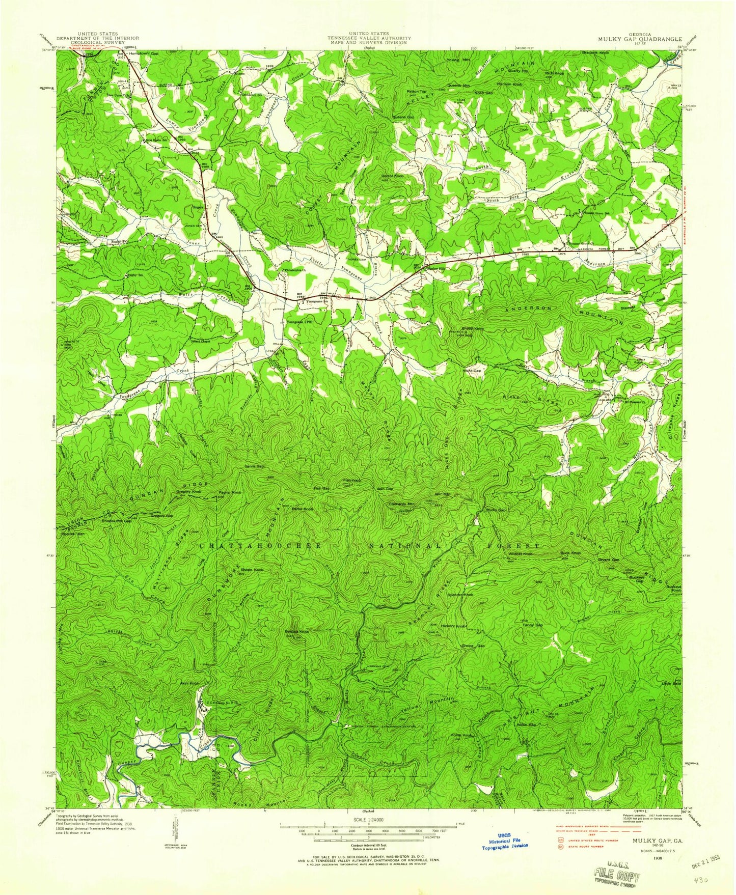 Classic USGS Mulky Gap Georgia 7.5'x7.5' Topo Map Image