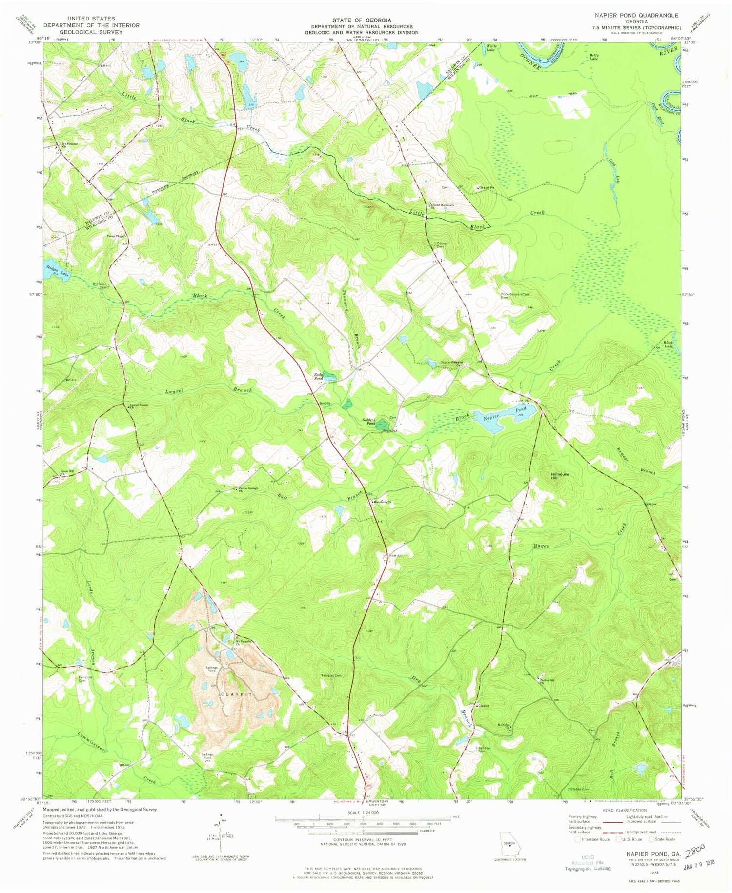 Classic USGS Napier Pond Georgia 7.5'x7.5' Topo Map Image
