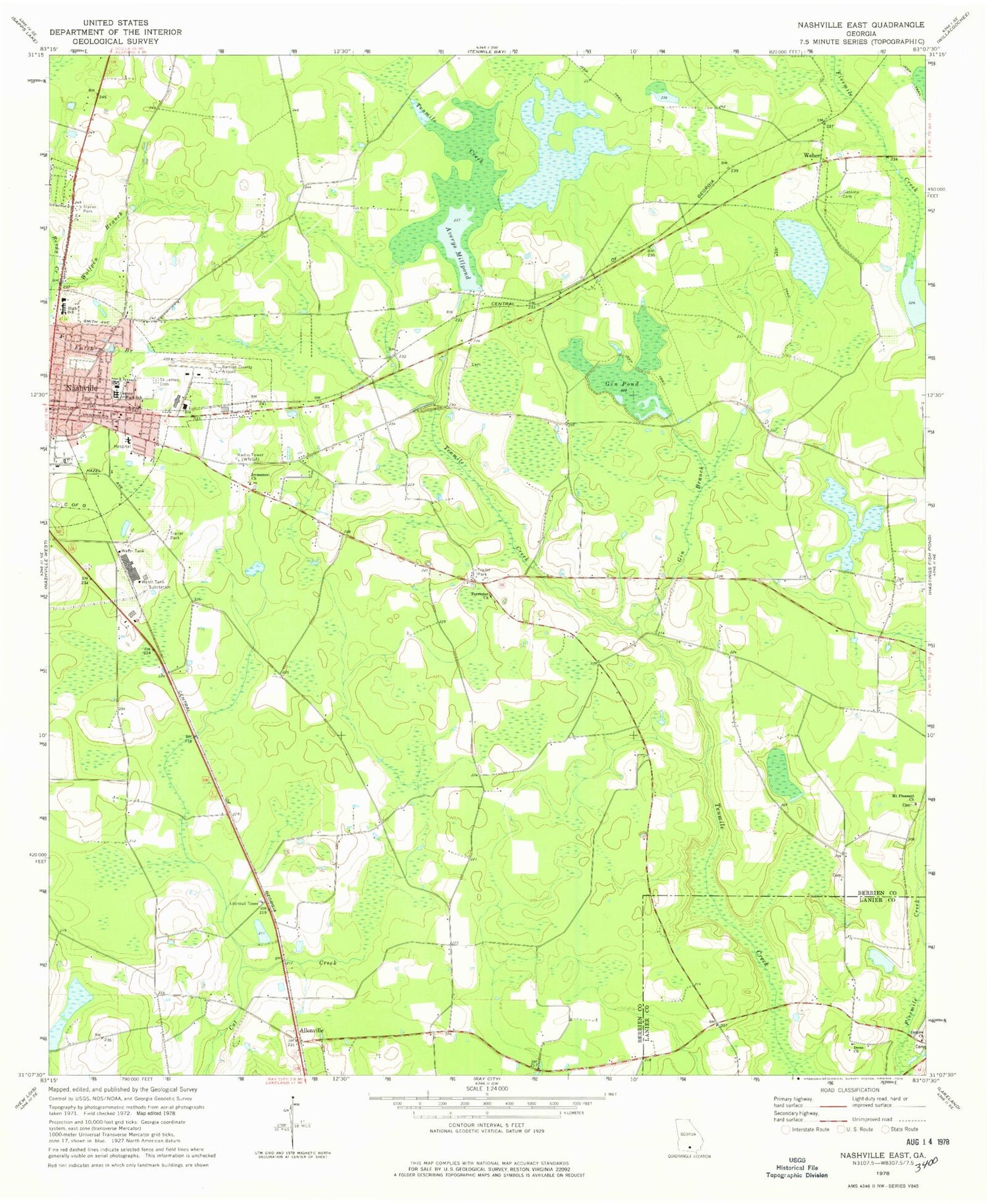 Classic USGS Nashville East Georgia 7.5'x7.5' Topo Map Image