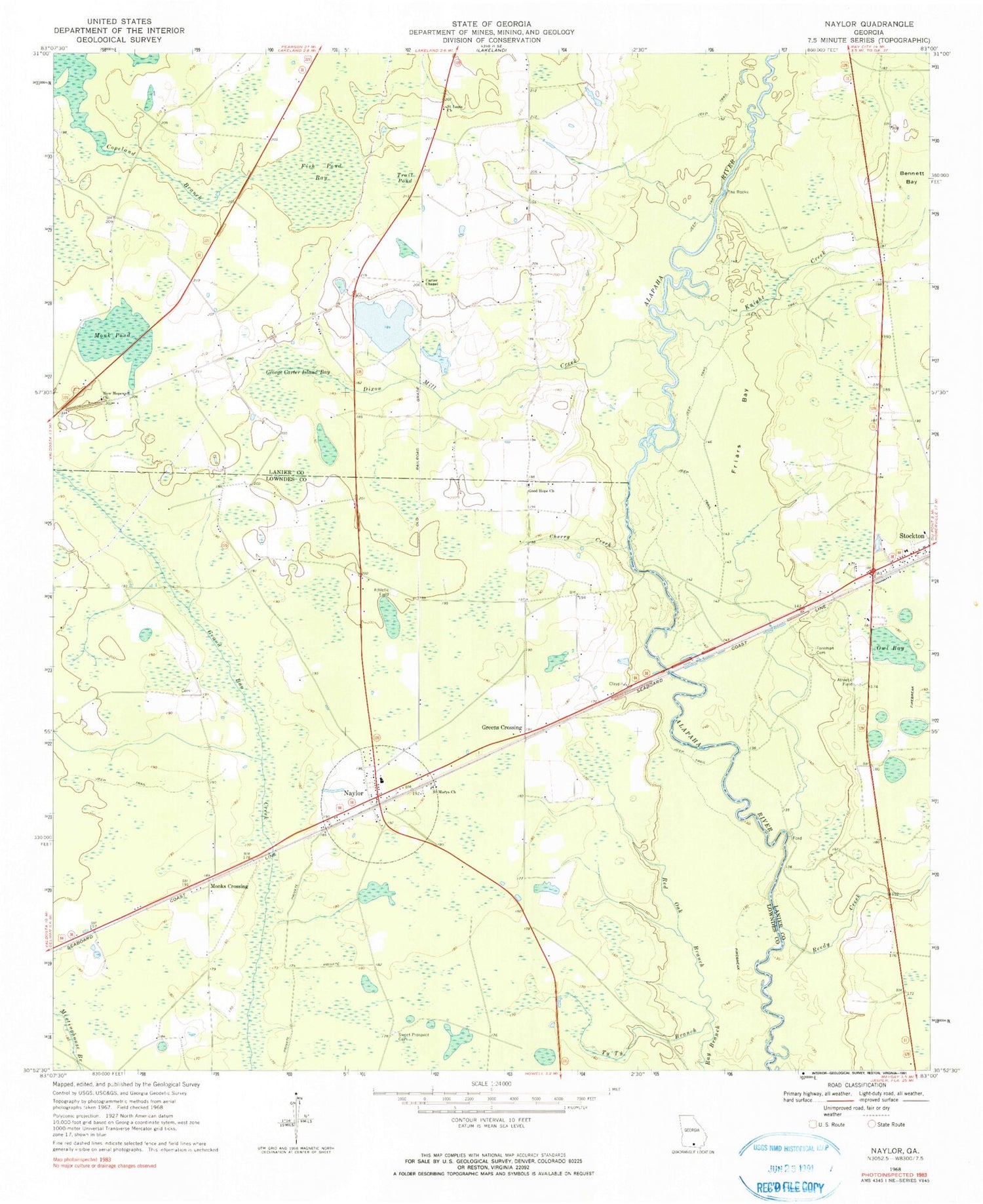 Classic USGS Naylor Georgia 7.5'x7.5' Topo Map Image
