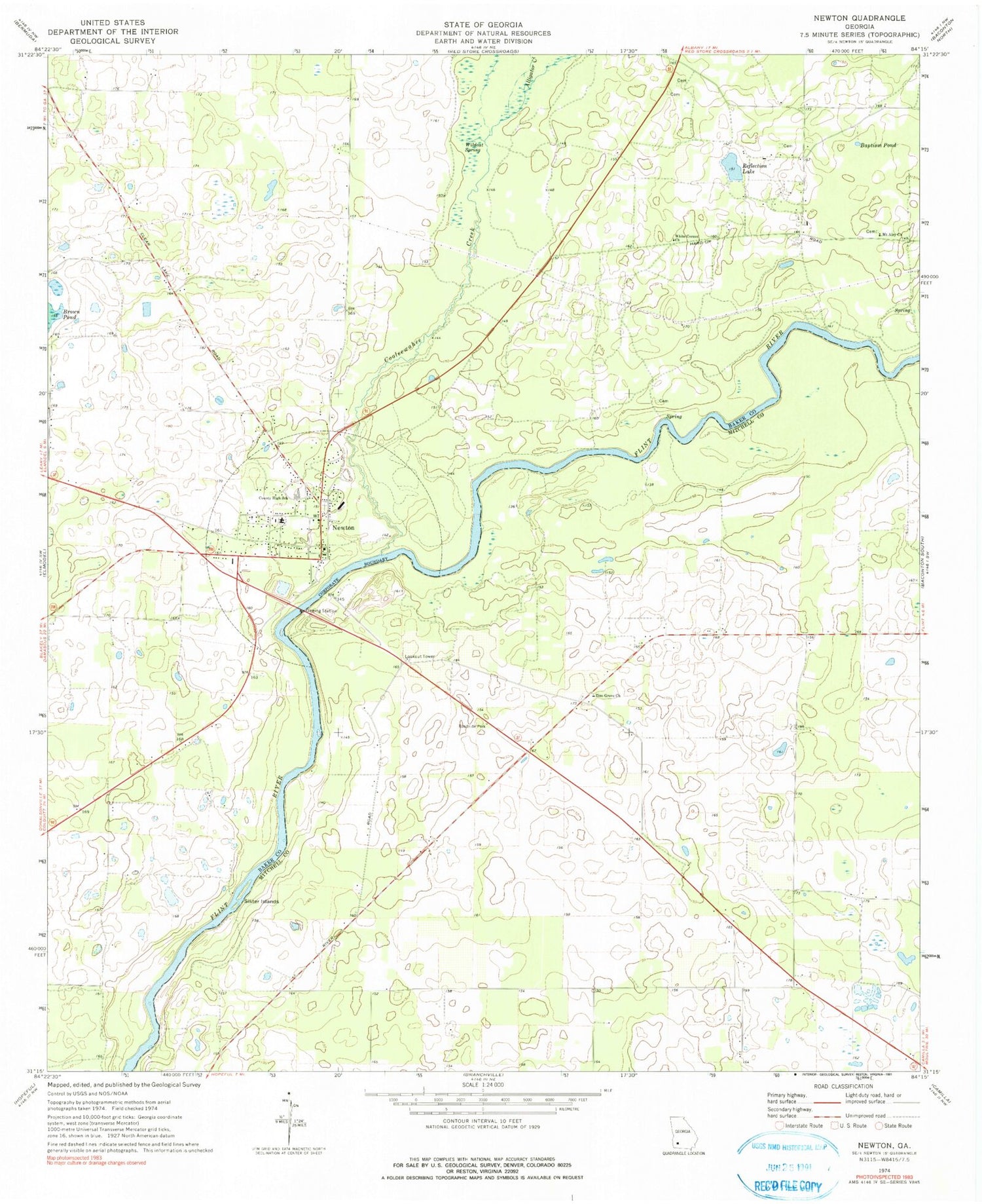 Classic USGS Newton Georgia 7.5'x7.5' Topo Map Image