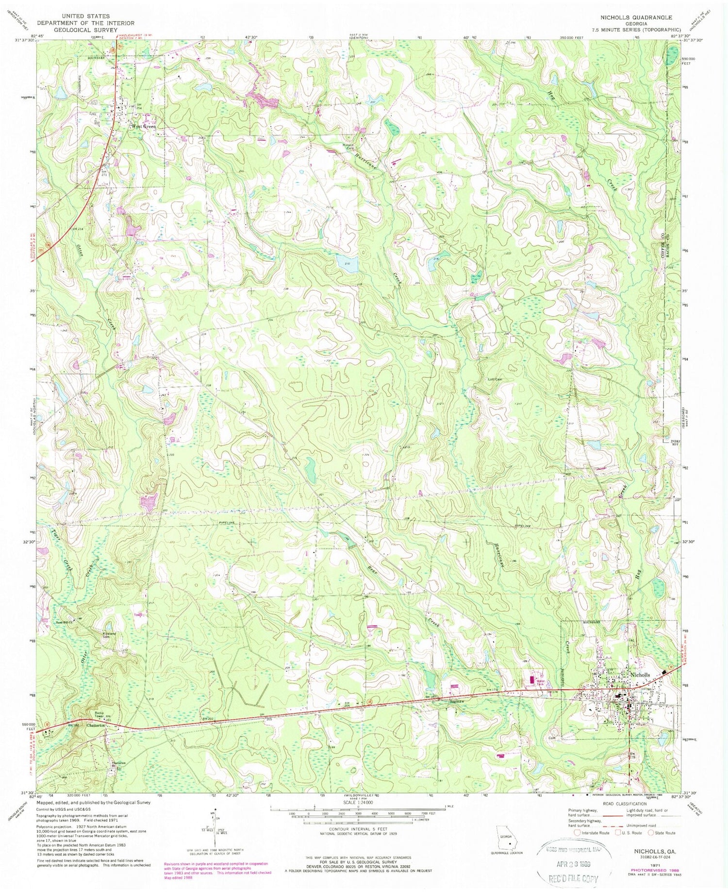 Classic USGS Nicholls Georgia 7.5'x7.5' Topo Map Image