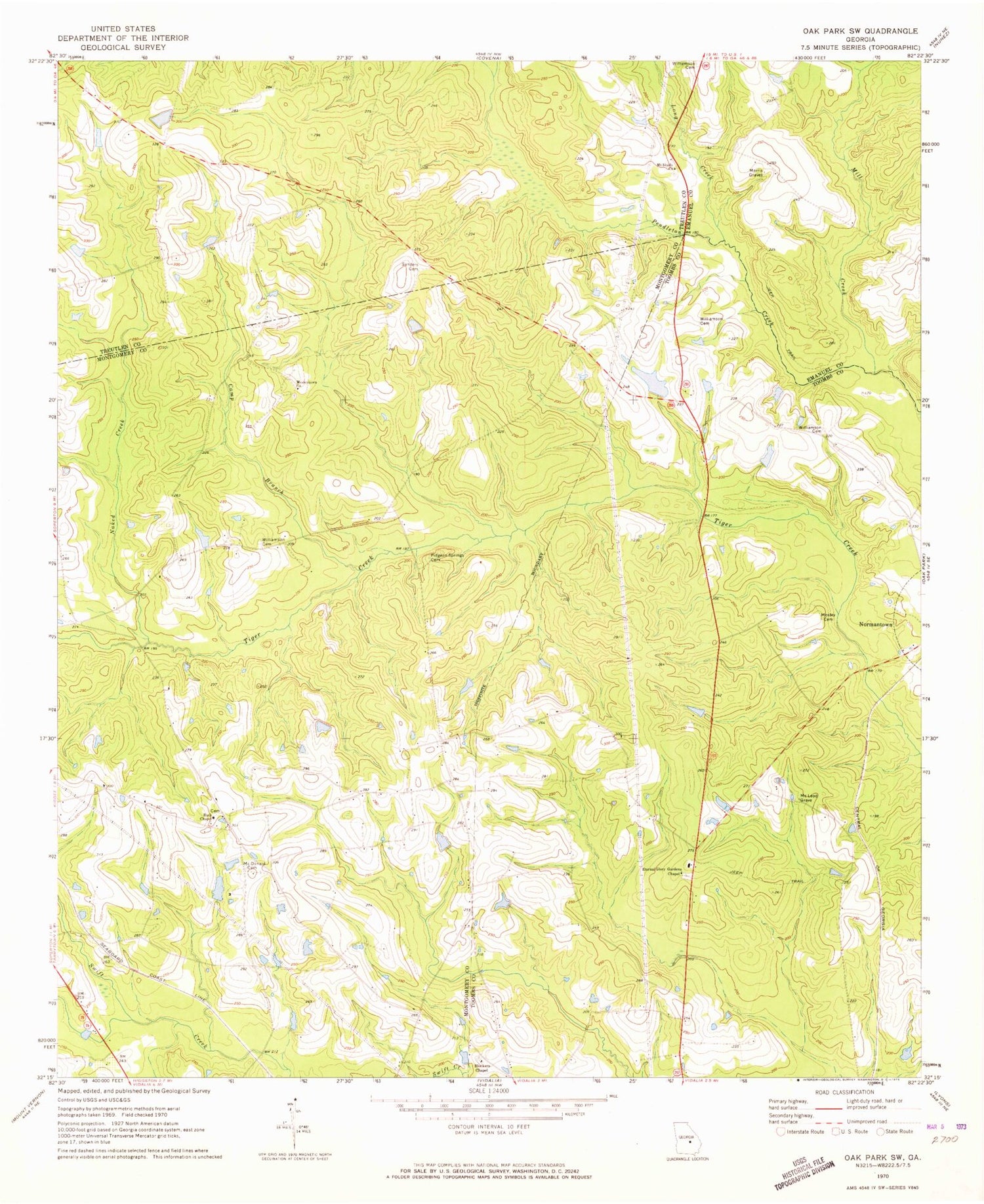Classic USGS Oak Park SW Georgia 7.5'x7.5' Topo Map Image