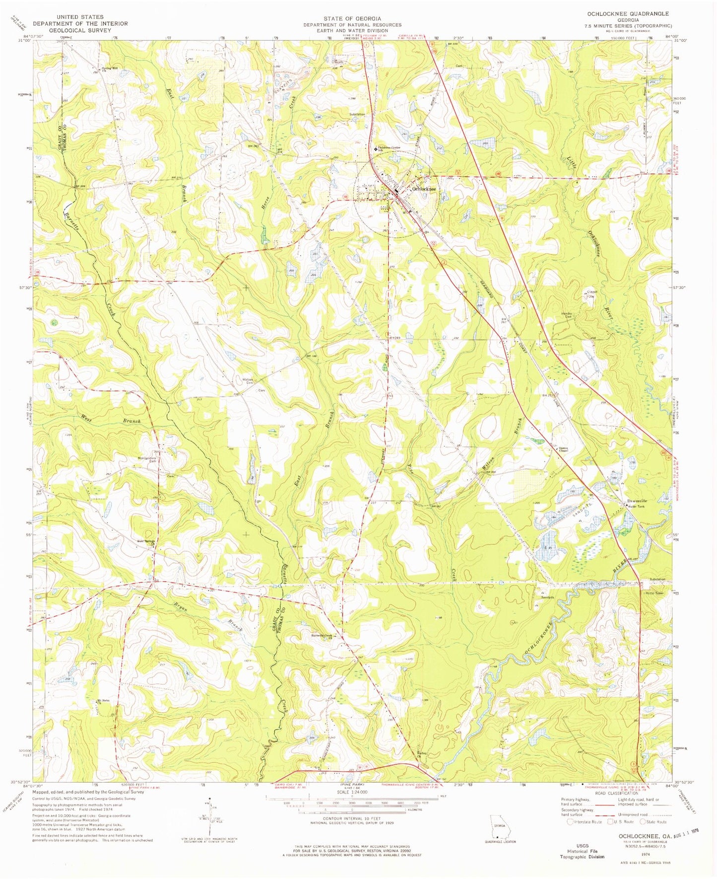 Classic USGS Ochlocknee Georgia 7.5'x7.5' Topo Map Image