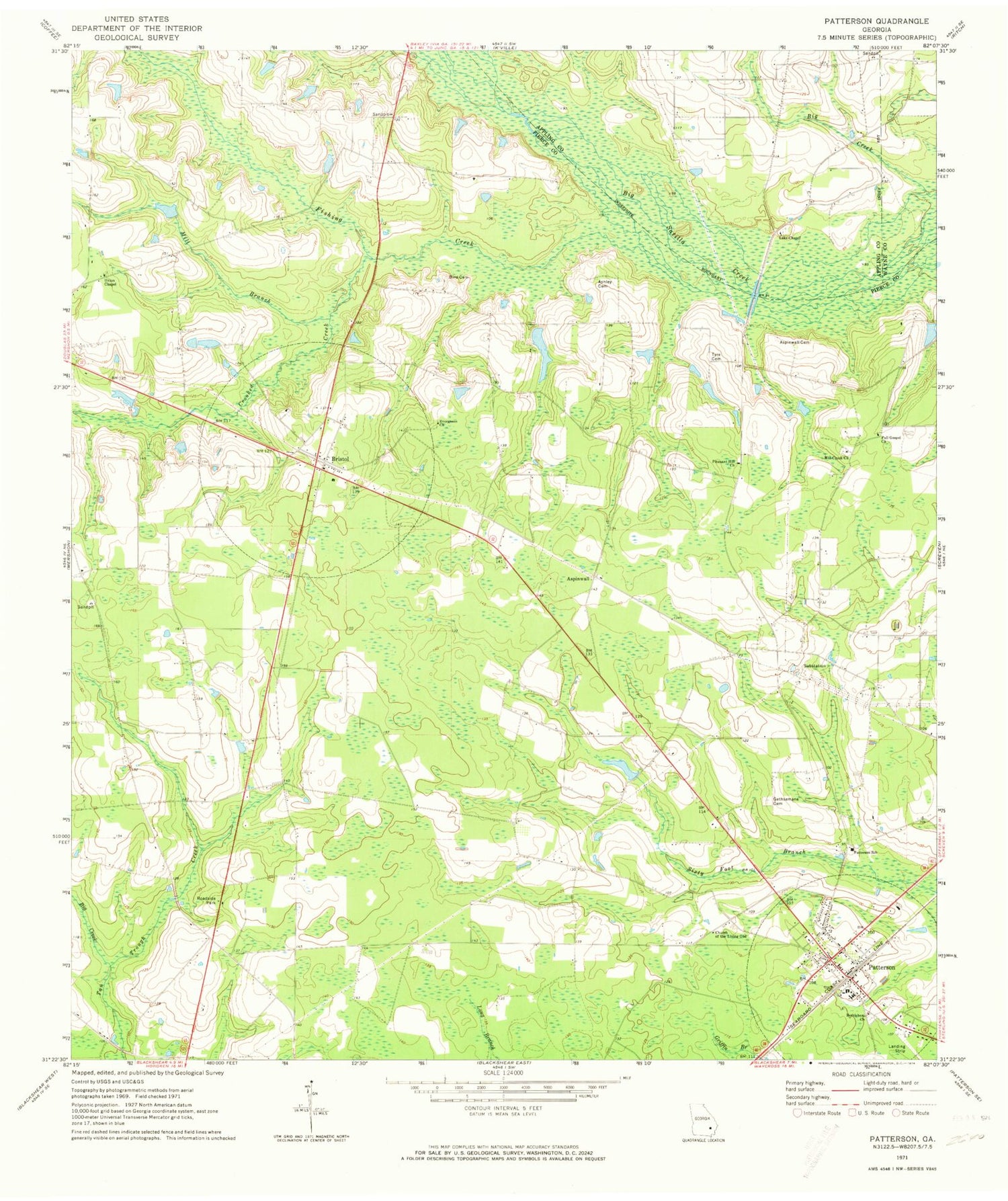 Classic USGS Patterson Georgia 7.5'x7.5' Topo Map Image