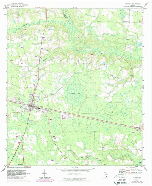 Classic USGS Pearson Georgia 7.5'x7.5' Topo Map Image