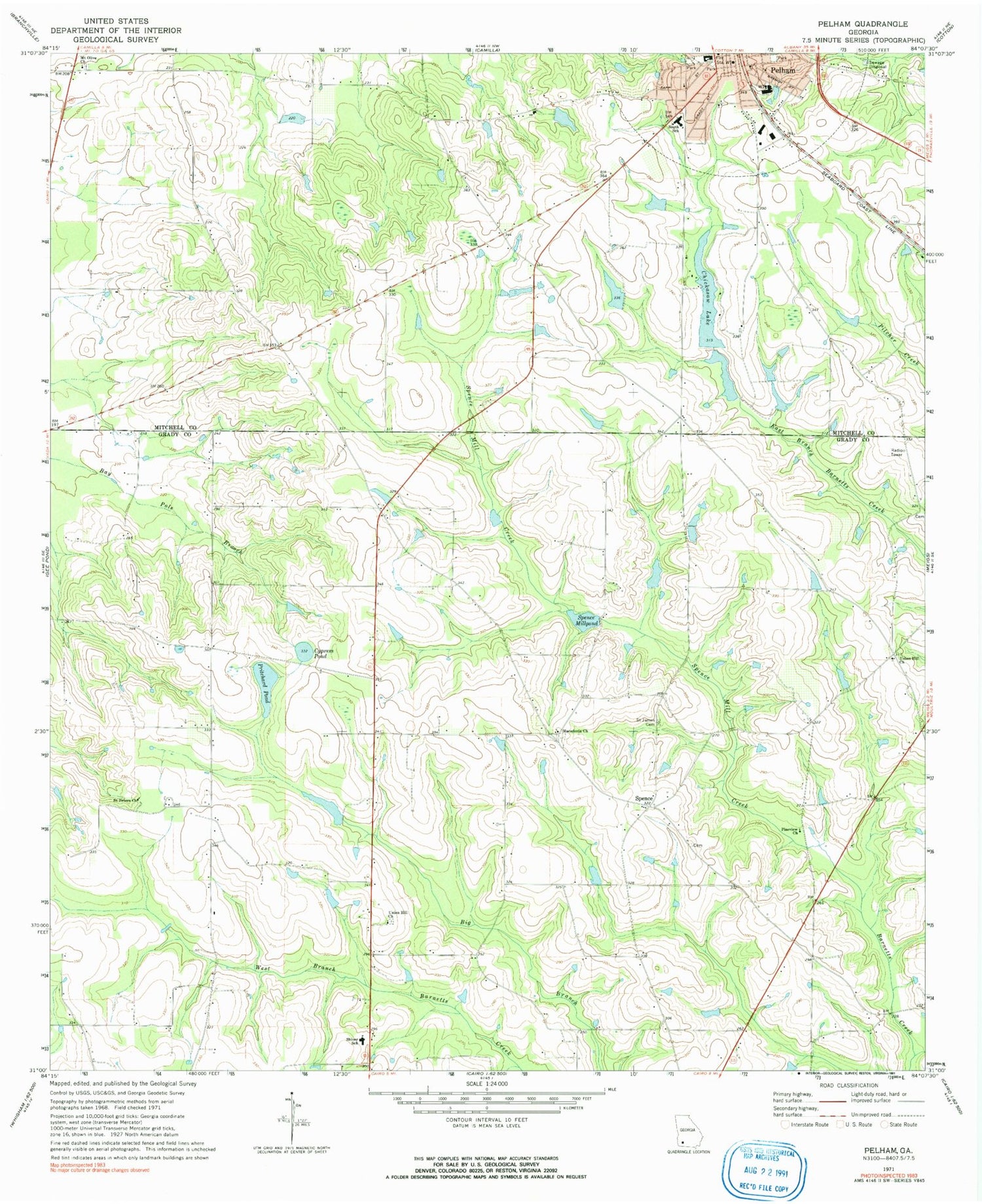 Classic USGS Pelham Georgia 7.5'x7.5' Topo Map Image