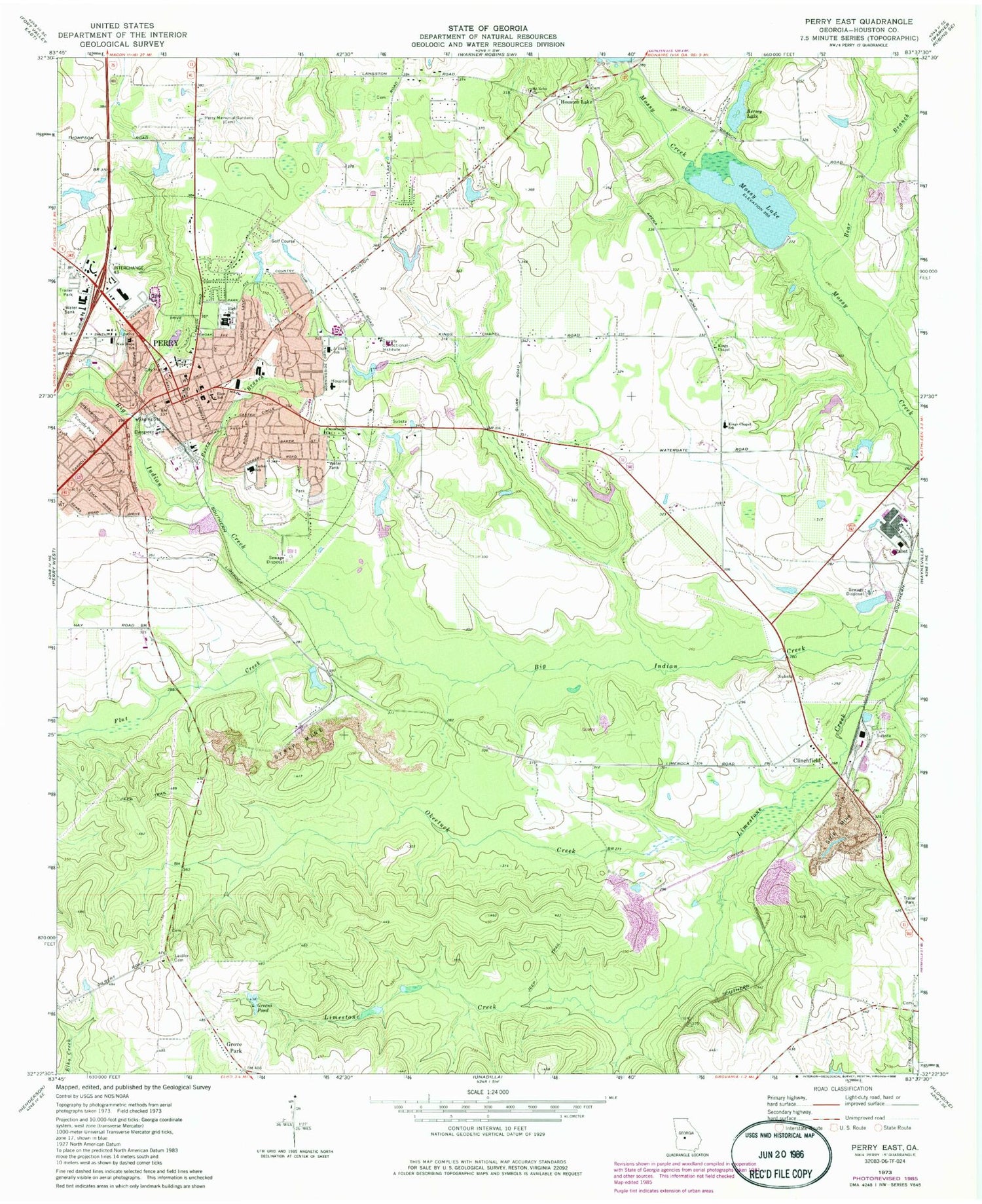 Classic USGS Perry East Georgia 7.5'x7.5' Topo Map Image