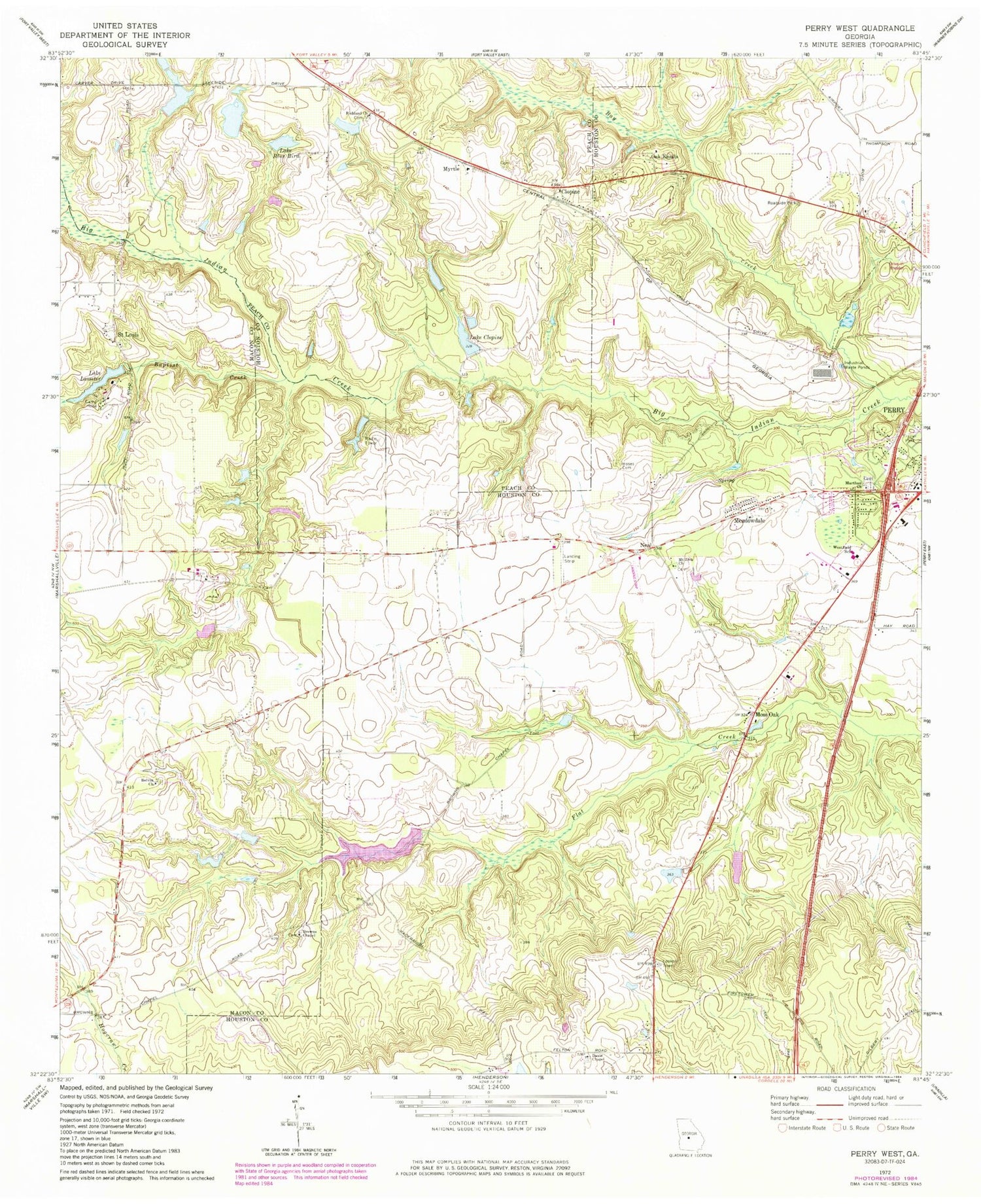 Classic USGS Perry West Georgia 7.5'x7.5' Topo Map Image