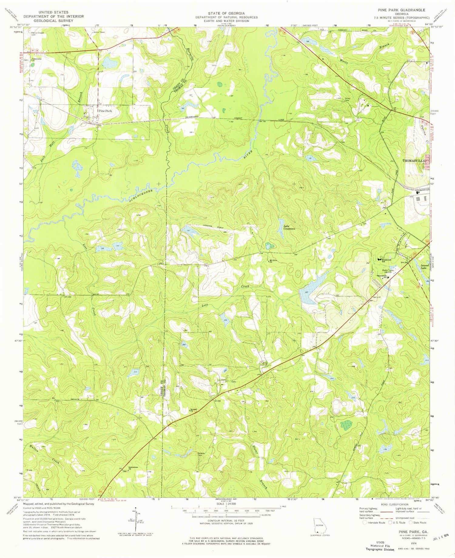 Classic USGS Pine Park Georgia 7.5'x7.5' Topo Map Image