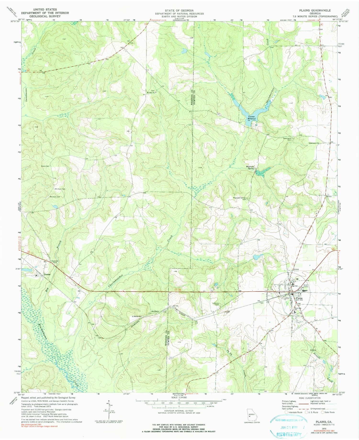 Classic USGS Plains Georgia 7.5'x7.5' Topo Map Image