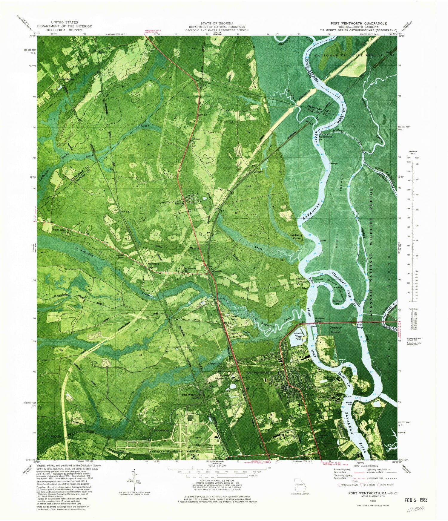 Classic USGS Port Wentworth Georgia 7.5'x7.5' Topo Map Image