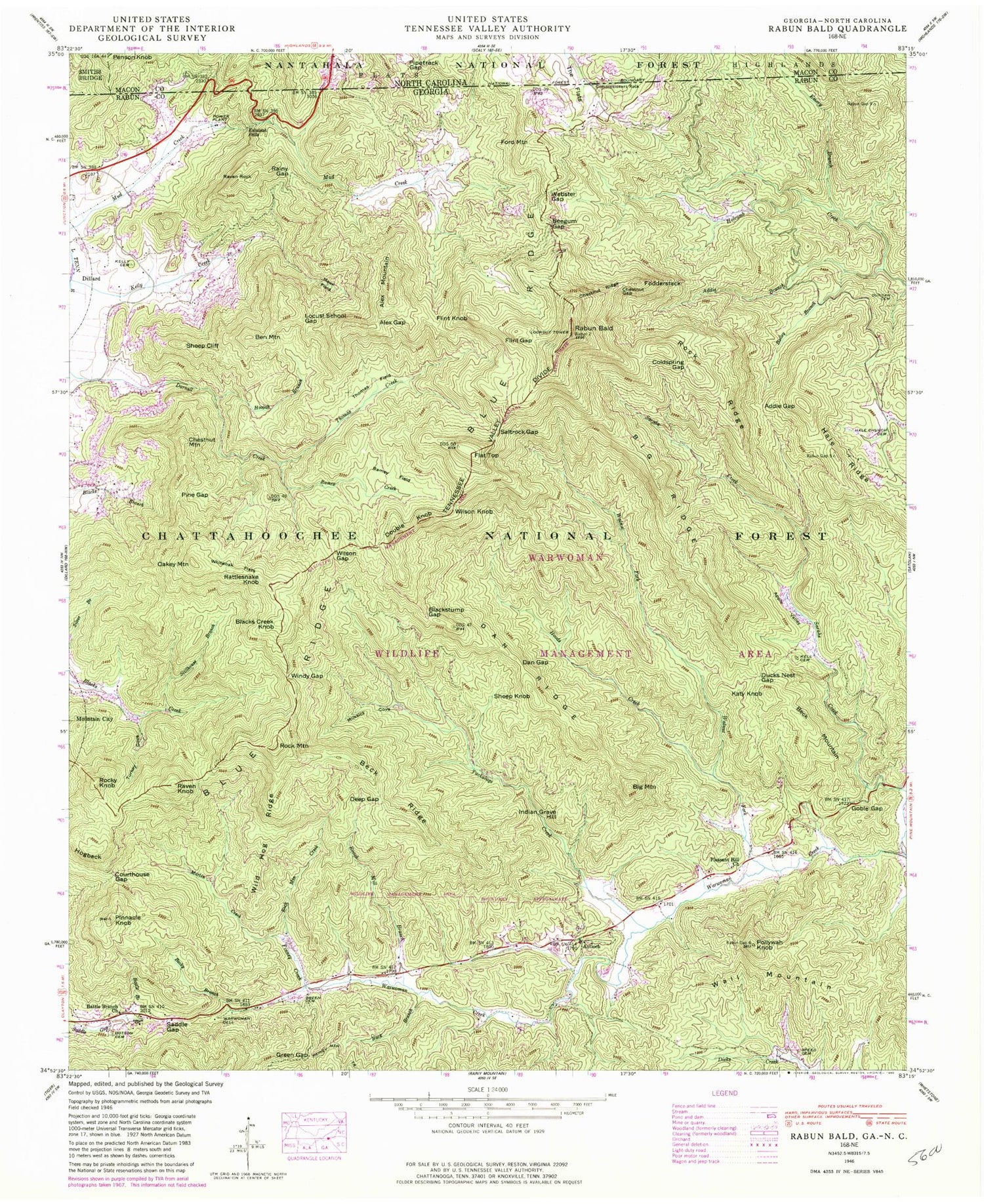 Classic USGS Rabun Bald Georgia 7.5'x7.5' Topo Map Image