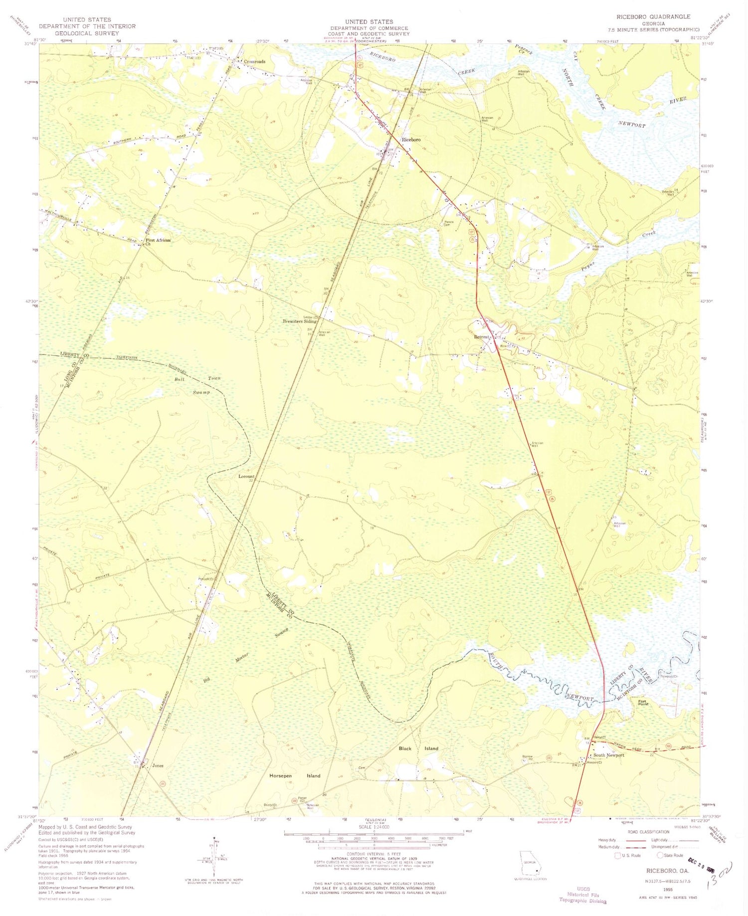 Classic USGS Riceboro Georgia 7.5'x7.5' Topo Map Image