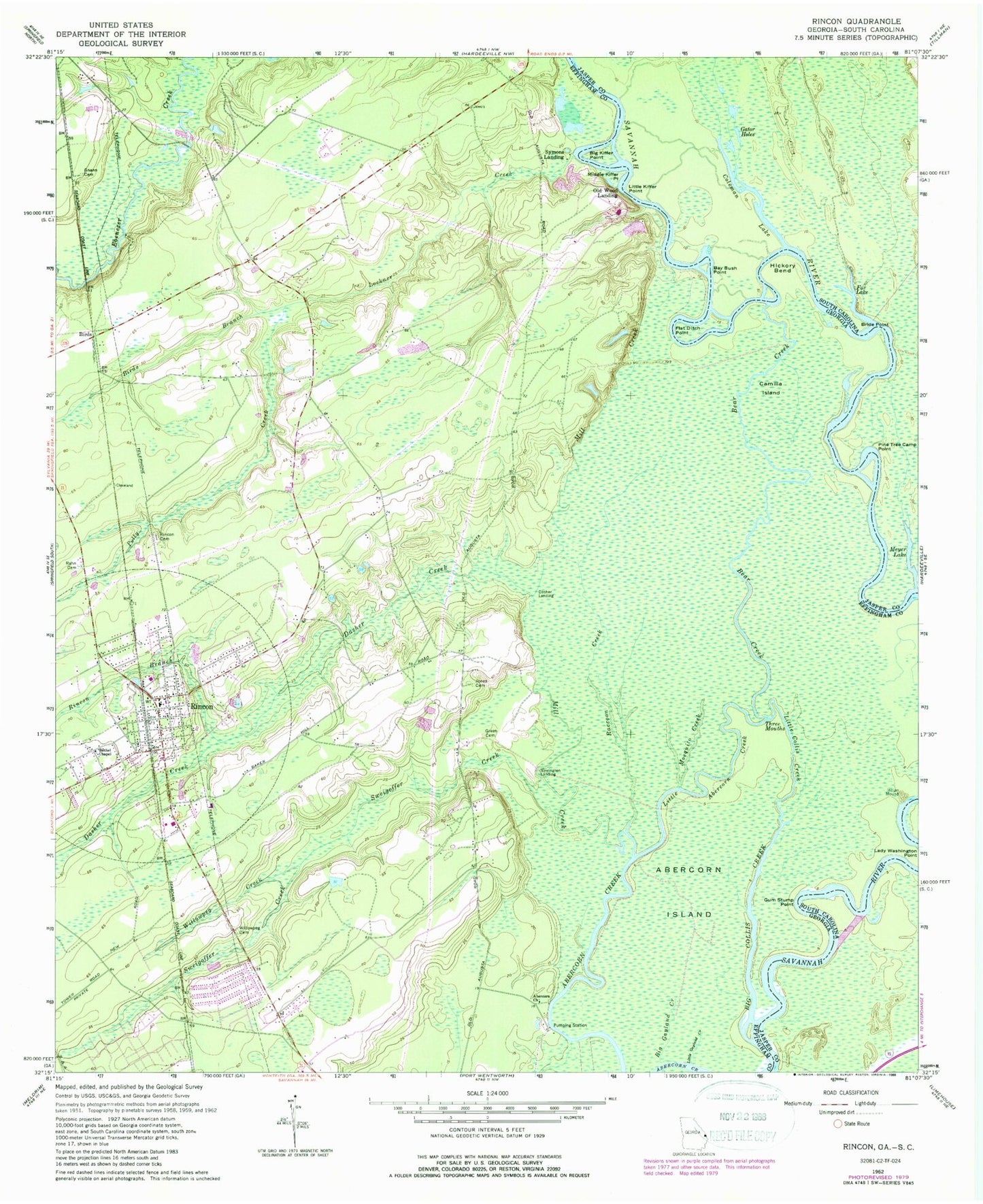 Classic USGS Rincon Georgia 7.5'x7.5' Topo Map Image