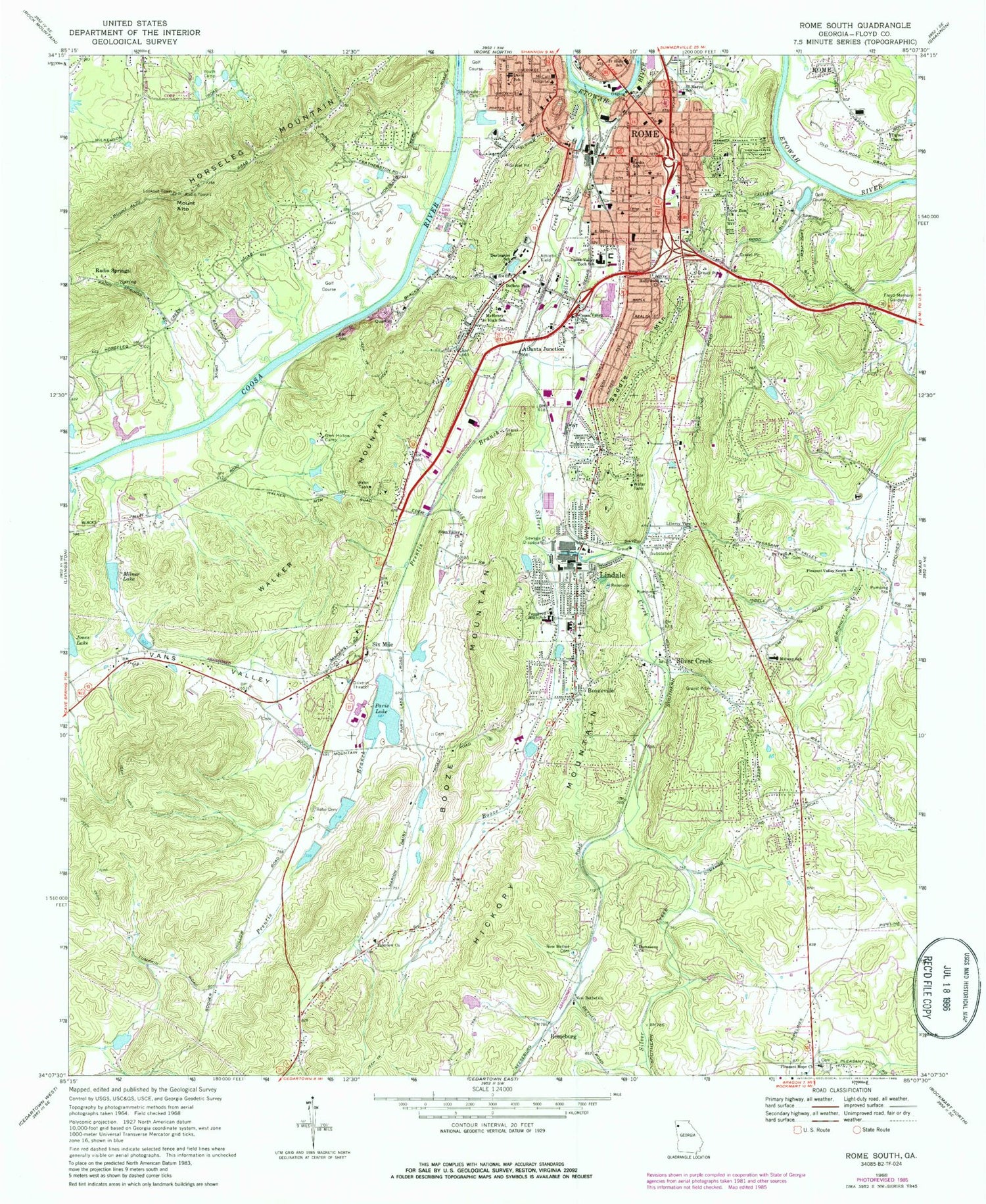 Classic USGS Rome South Georgia 7.5'x7.5' Topo Map Image