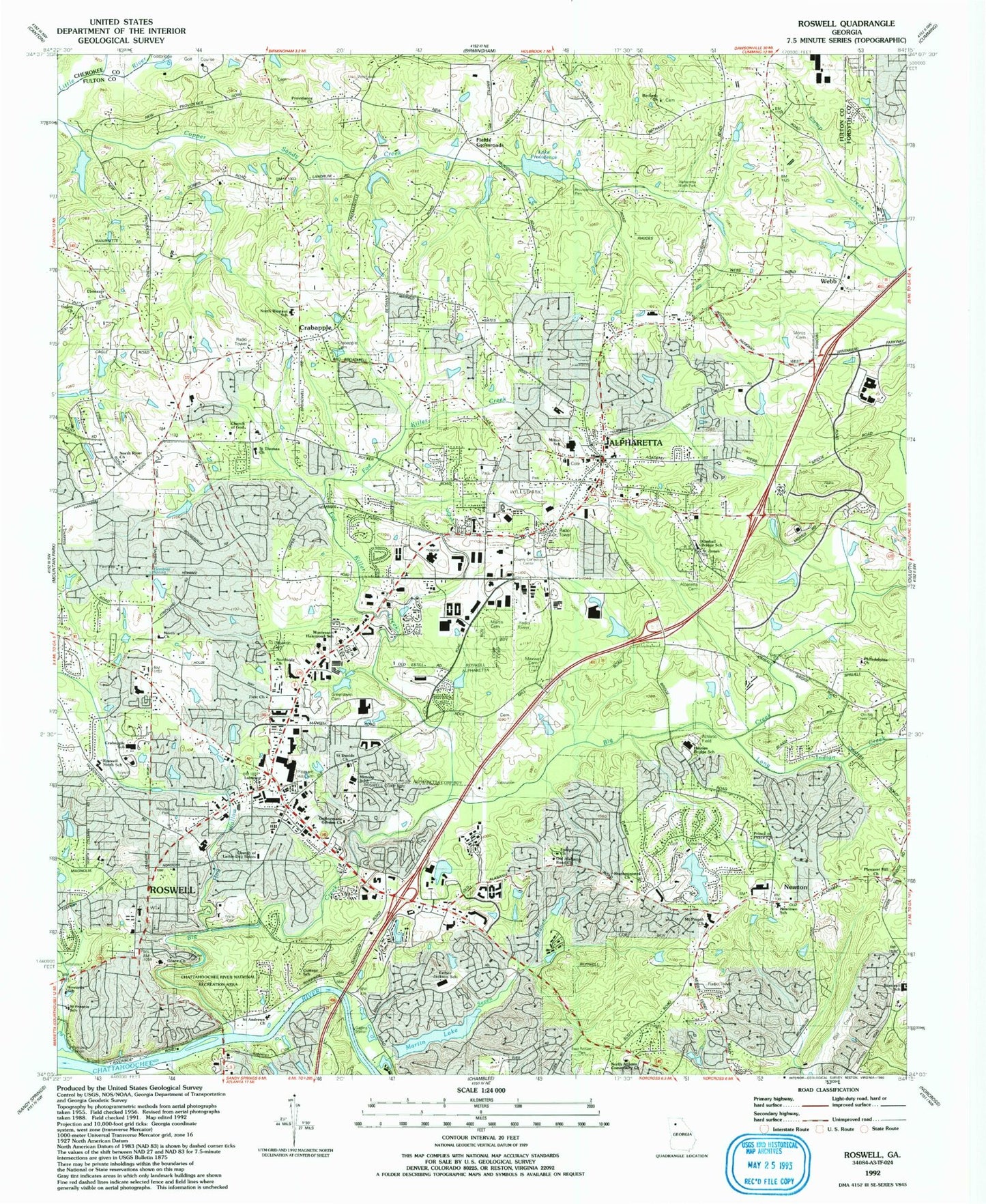 Classic USGS Roswell Georgia 7.5'x7.5' Topo Map Image