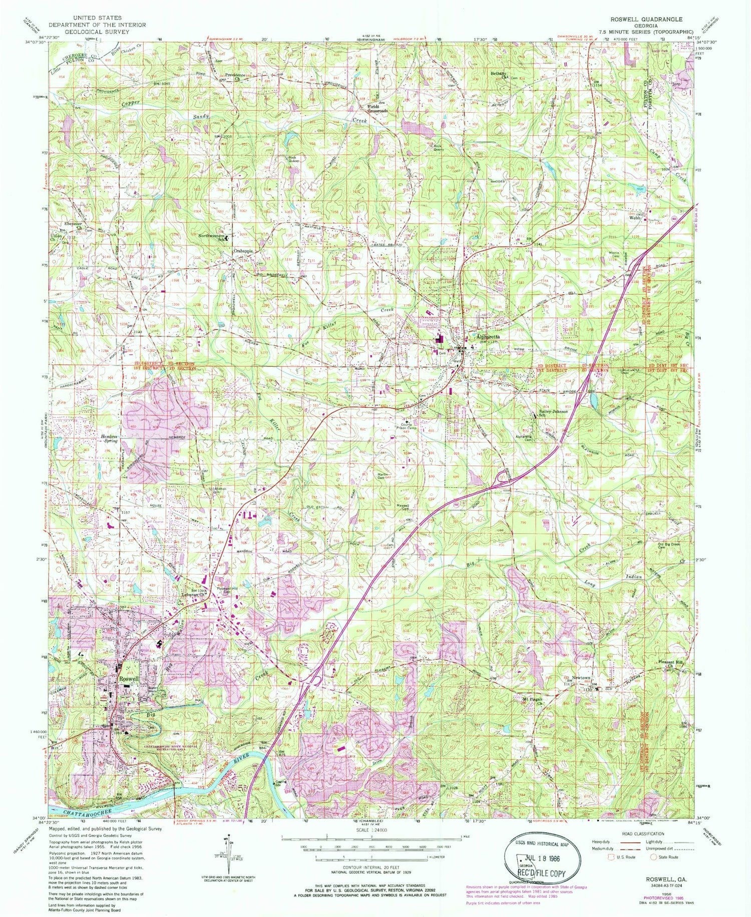 Classic USGS Roswell Georgia 7.5'x7.5' Topo Map Image