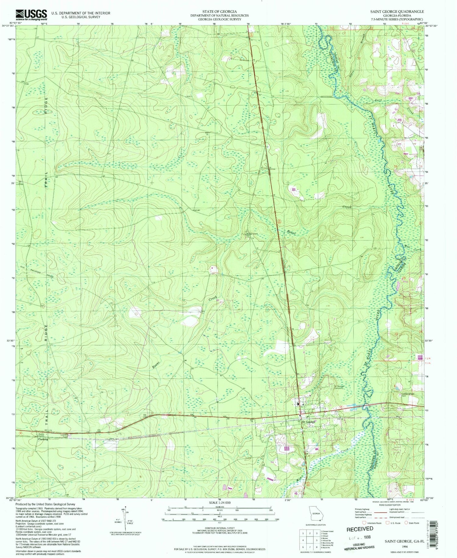 Classic USGS Saint George Georgia 7.5'x7.5' Topo Map Image
