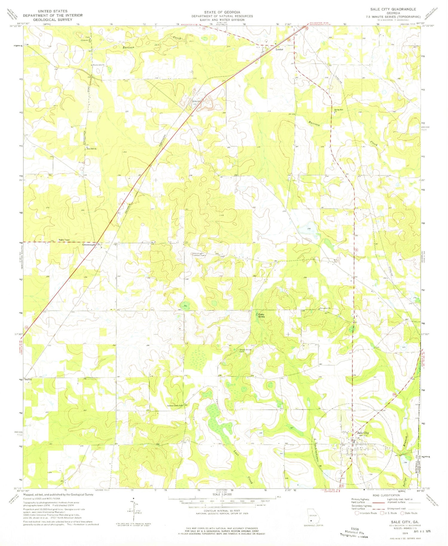 Classic USGS Sale City Georgia 7.5'x7.5' Topo Map Image