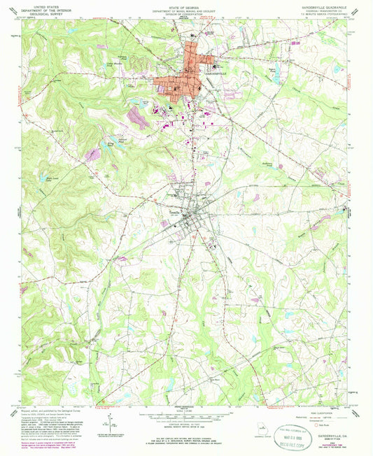 Classic USGS Sandersville Georgia 7.5'x7.5' Topo Map Image