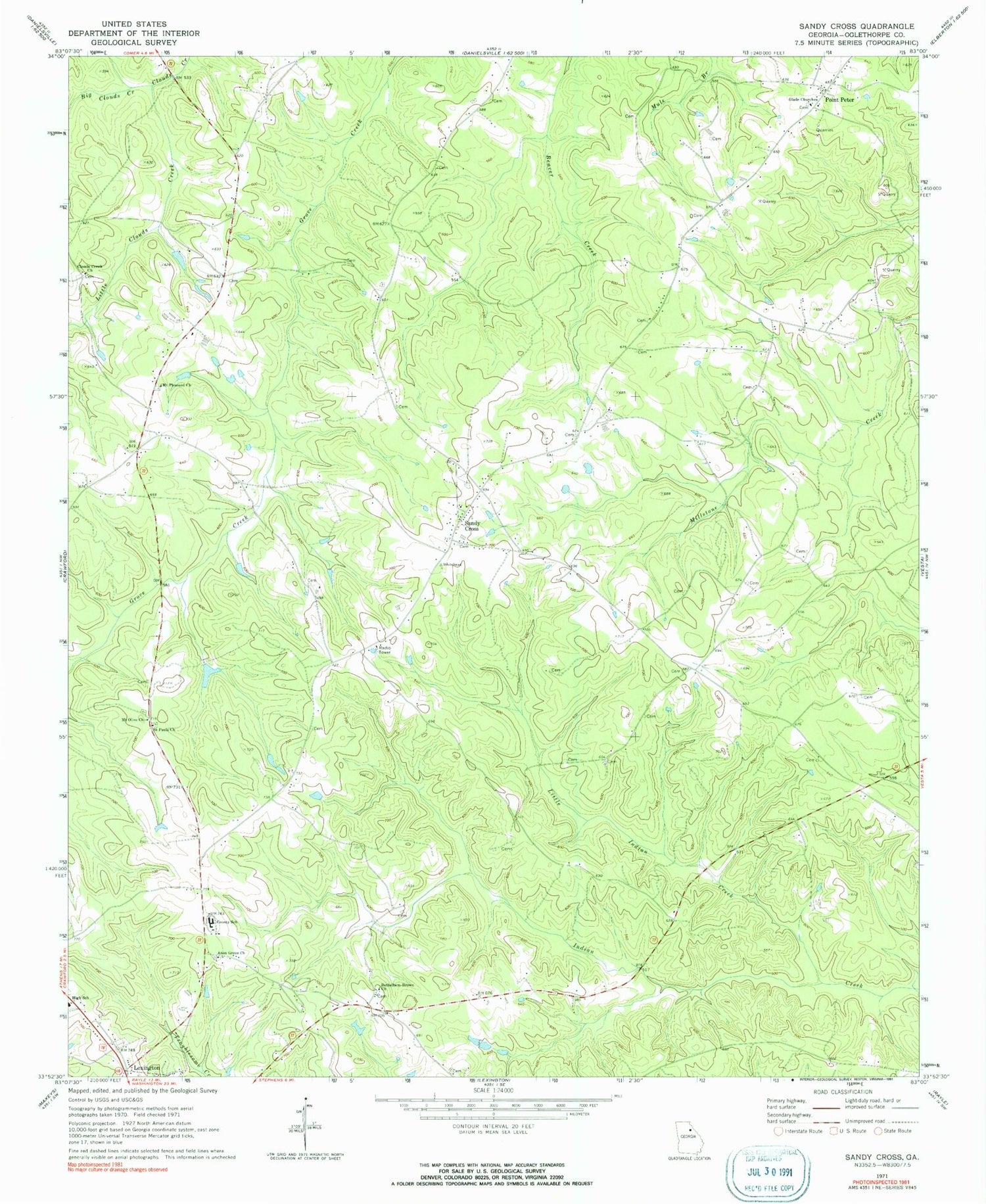 Classic USGS Sandy Cross Georgia 7.5'x7.5' Topo Map Image