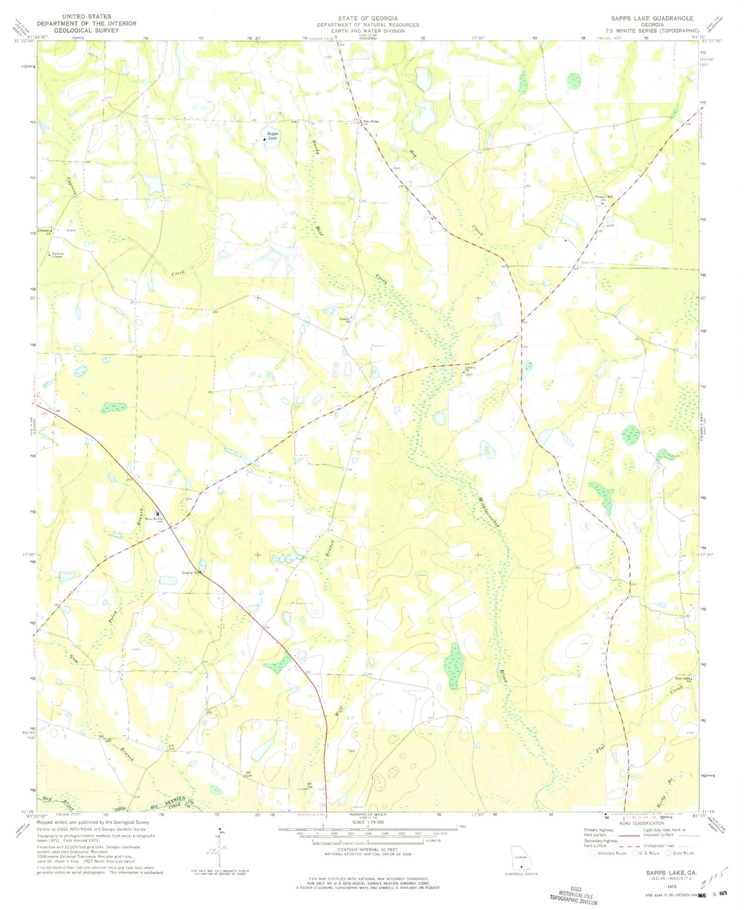 Classic USGS Sapps Lake Georgia 7.5'x7.5' Topo Map Image
