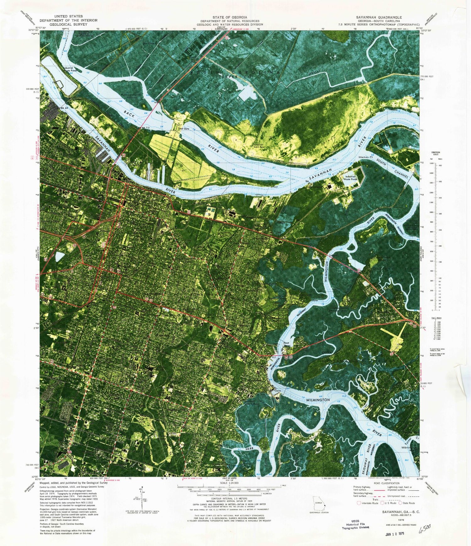 Classic USGS Savannah Georgia 7.5'x7.5' Topo Map Image