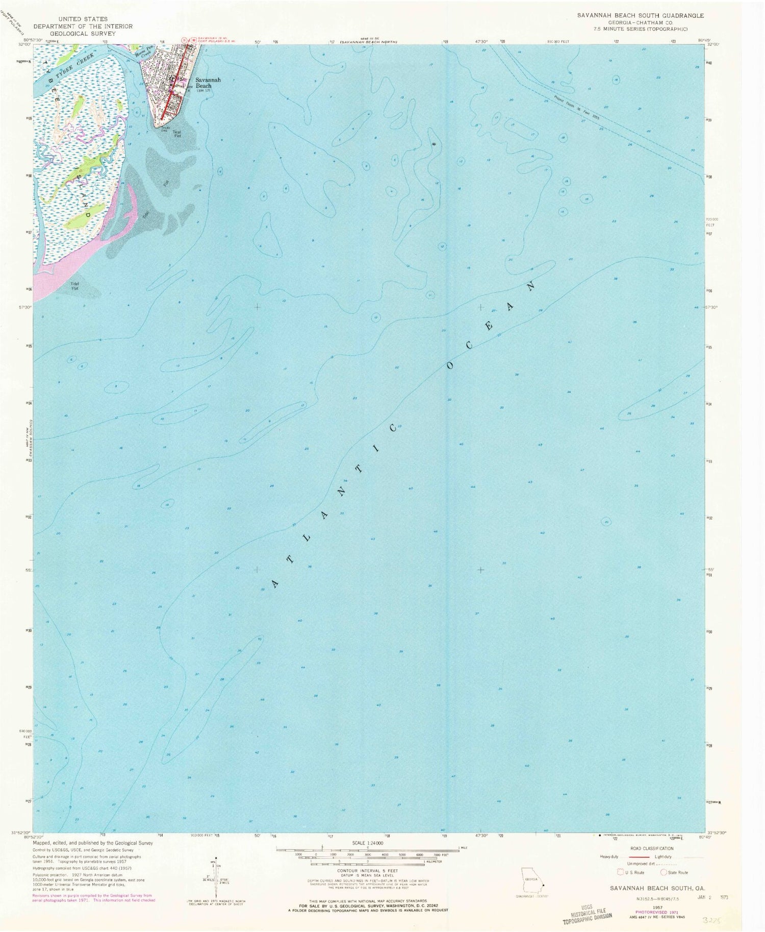Classic USGS Tybee Island South Georgia 7.5'x7.5' Topo Map Image