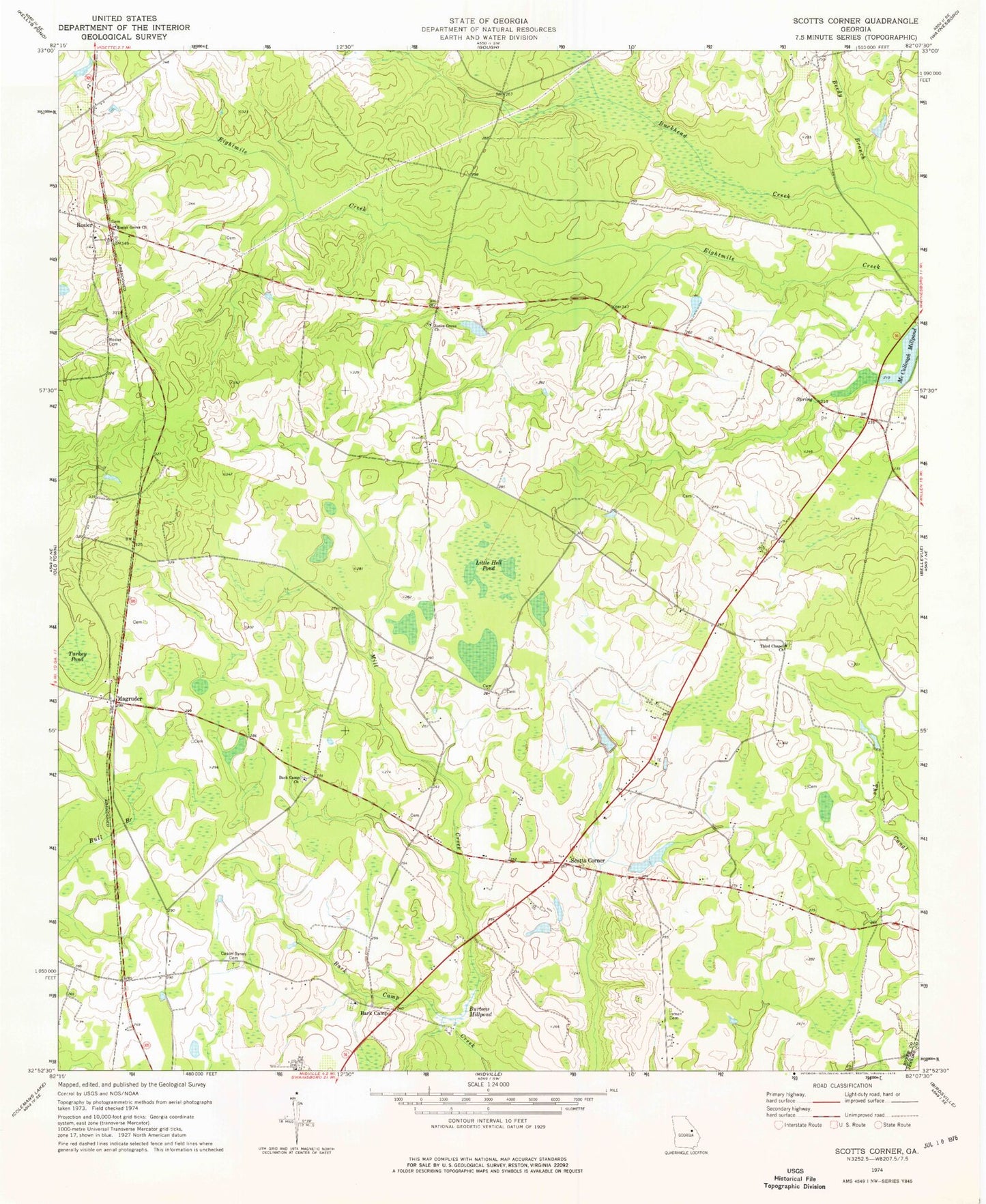 Classic USGS Scotts Corner Georgia 7.5'x7.5' Topo Map Image