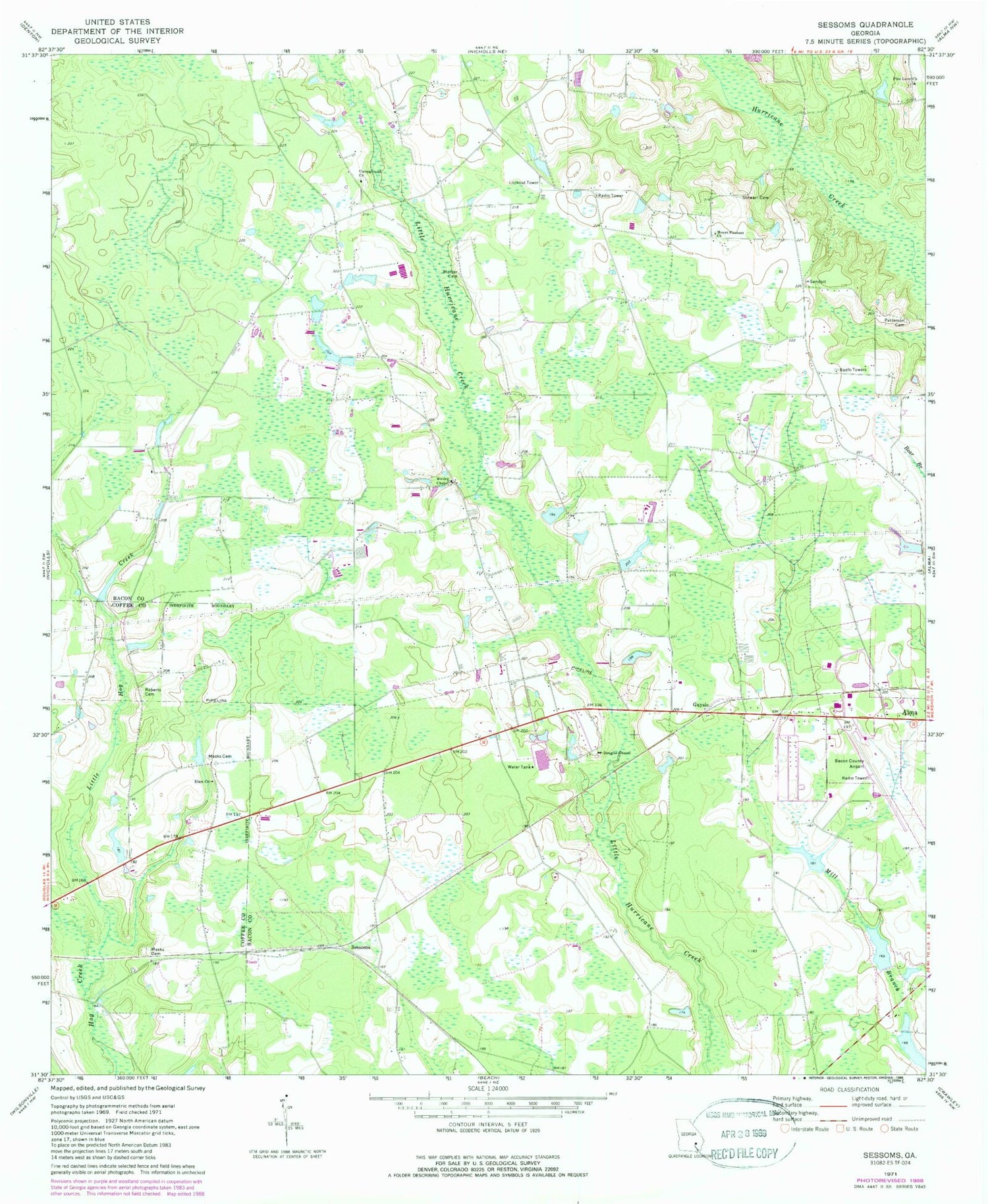 Classic USGS Sessoms Georgia 7.5'x7.5' Topo Map Image