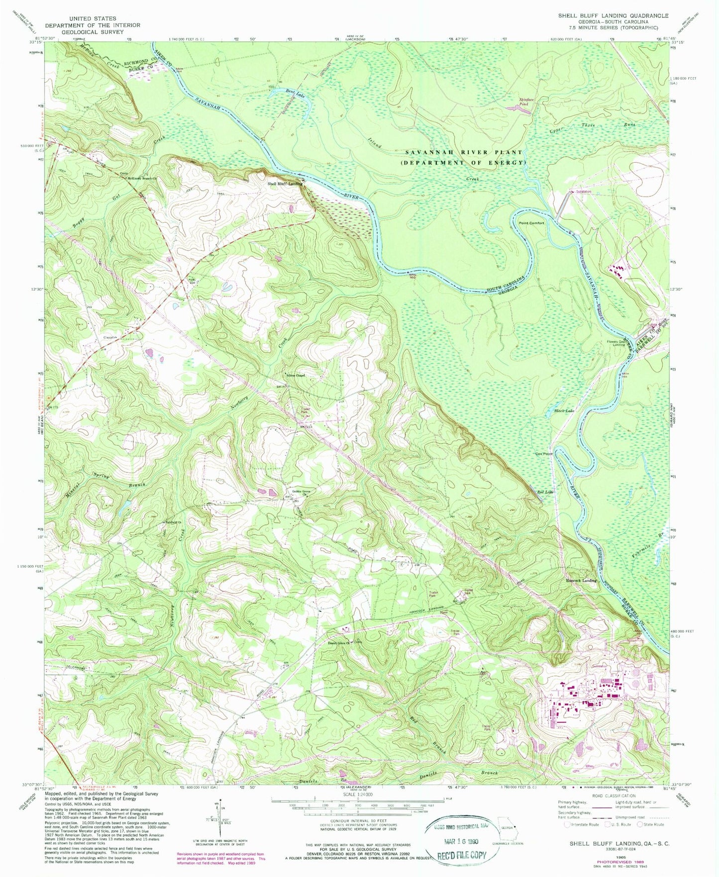 Classic USGS Shell Bluff Landing Georgia 7.5'x7.5' Topo Map Image