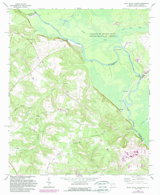 Classic USGS Shell Bluff Landing Georgia 7.5'x7.5' Topo Map Image