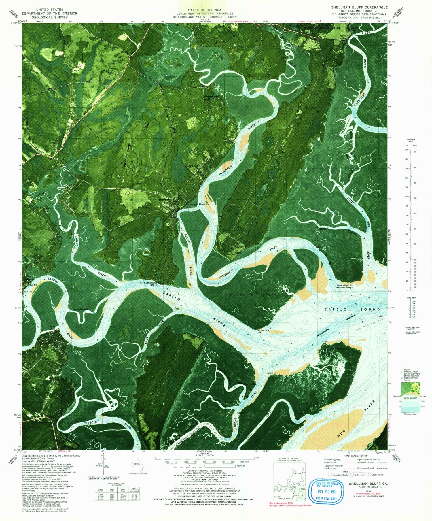 Classic USGS Shellman Bluff Georgia 7.5'x7.5' Topo Map Image