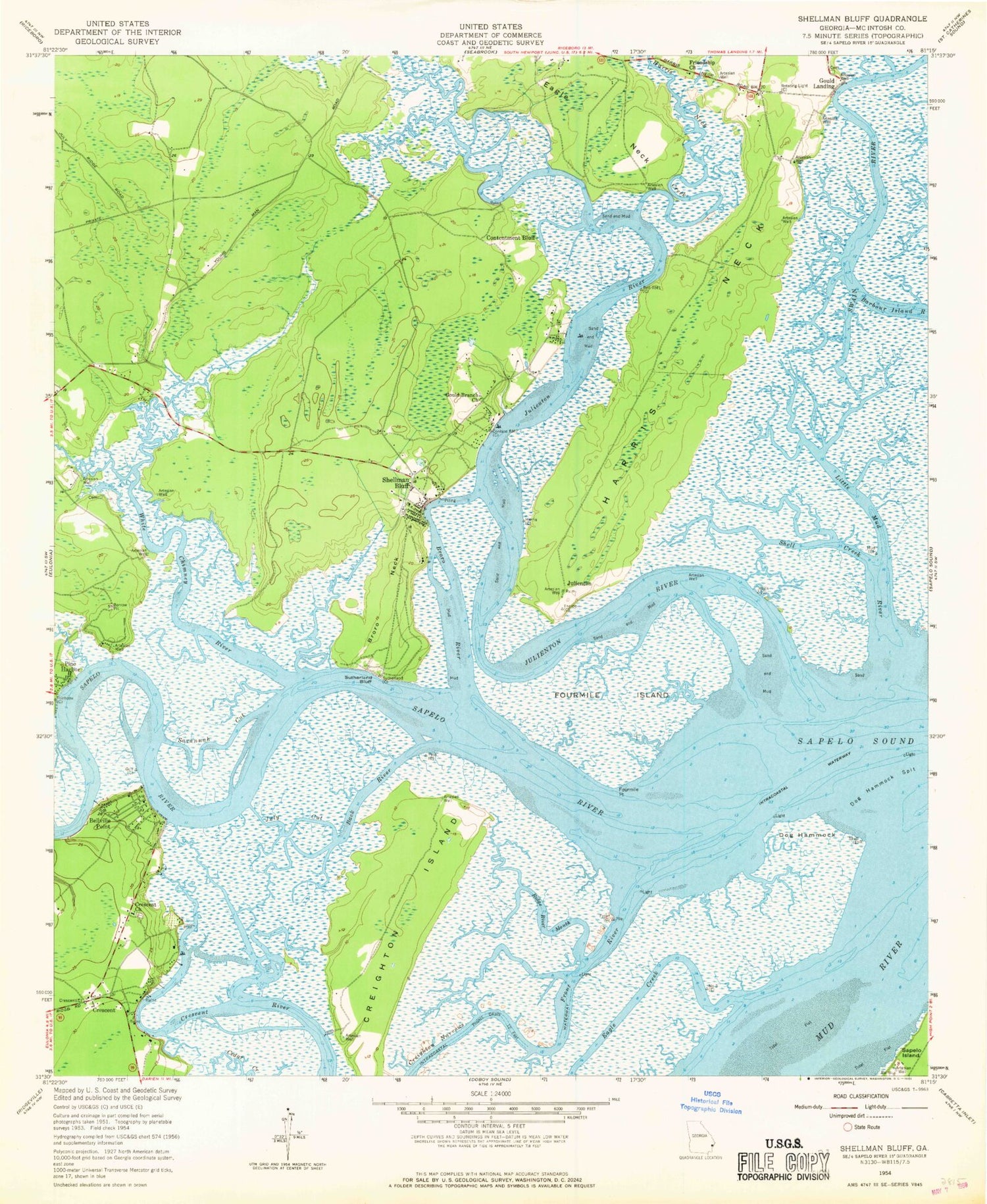 Classic USGS Shellman Bluff Georgia 7.5'x7.5' Topo Map Image