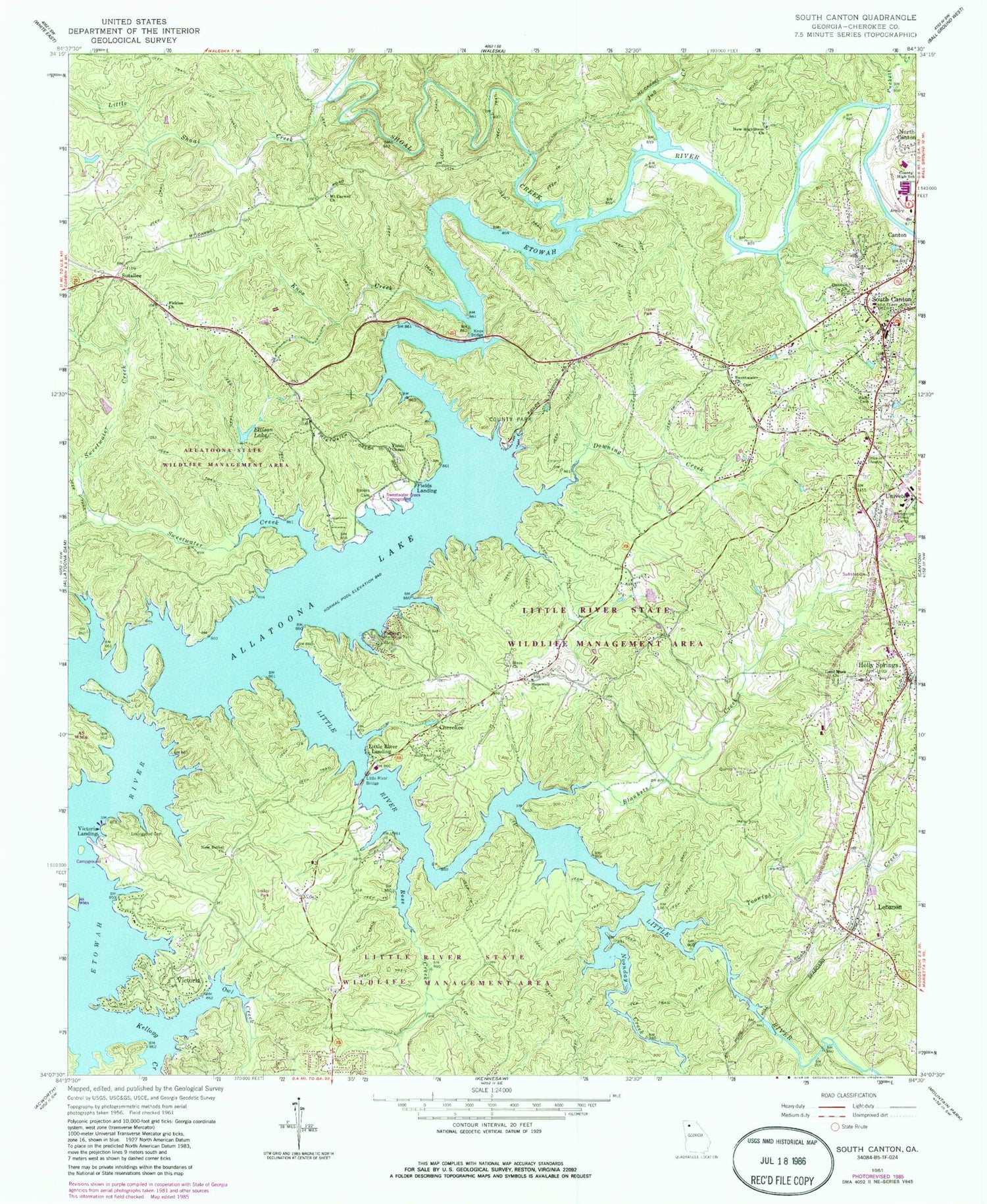 Classic USGS South Canton Georgia 7.5'x7.5' Topo Map Image