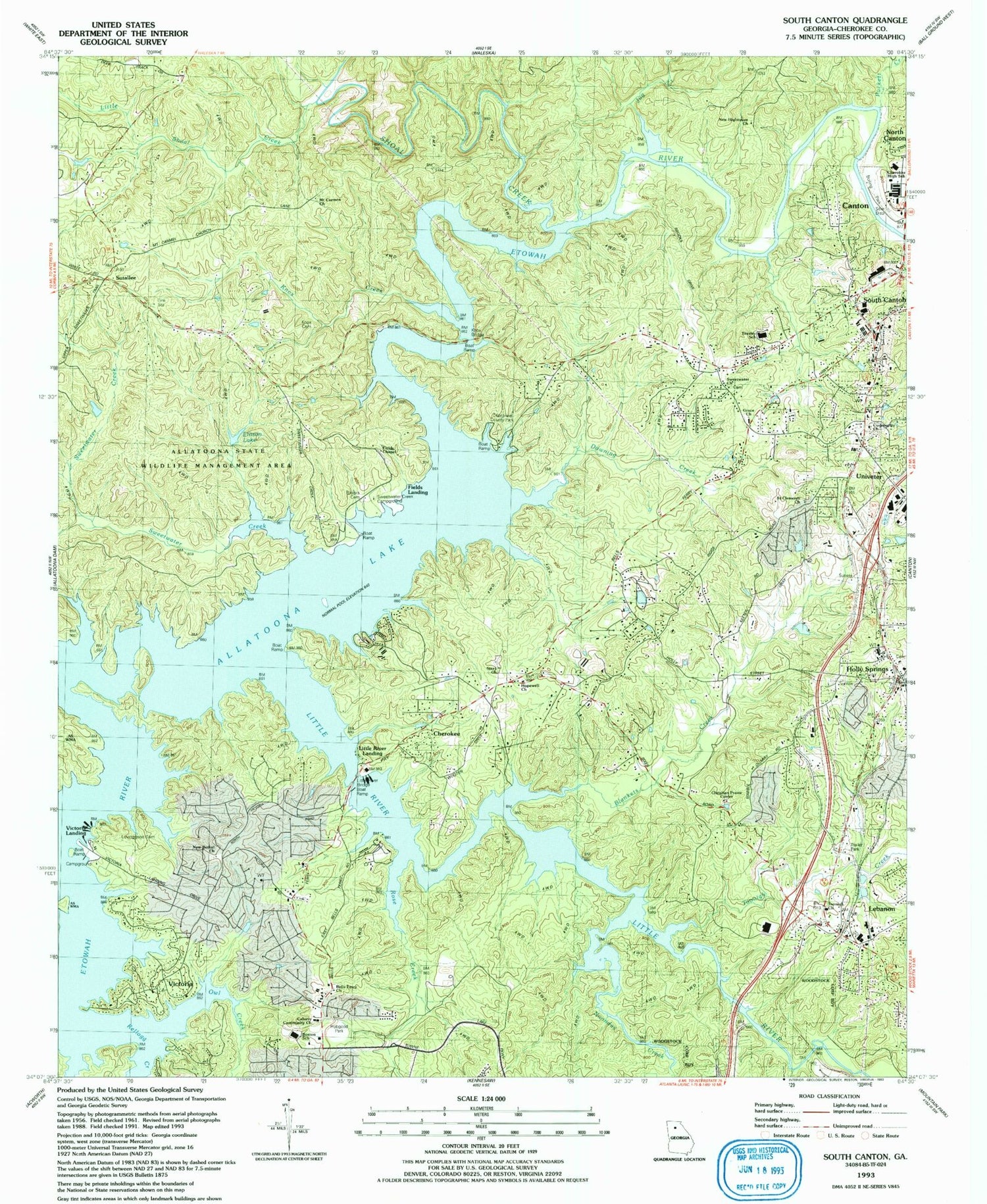 Classic USGS South Canton Georgia 7.5'x7.5' Topo Map Image