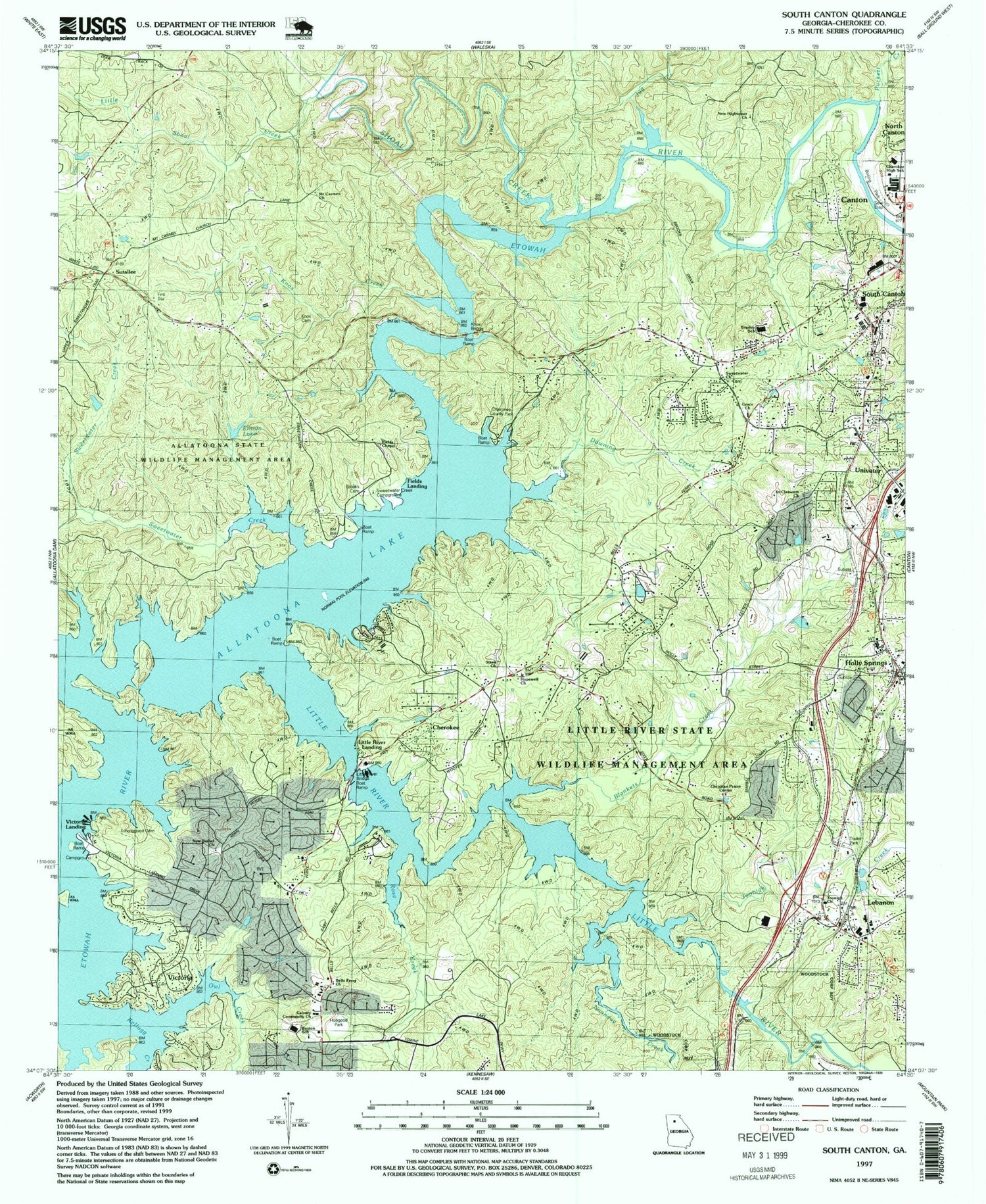 Classic USGS South Canton Georgia 7.5'x7.5' Topo Map Image