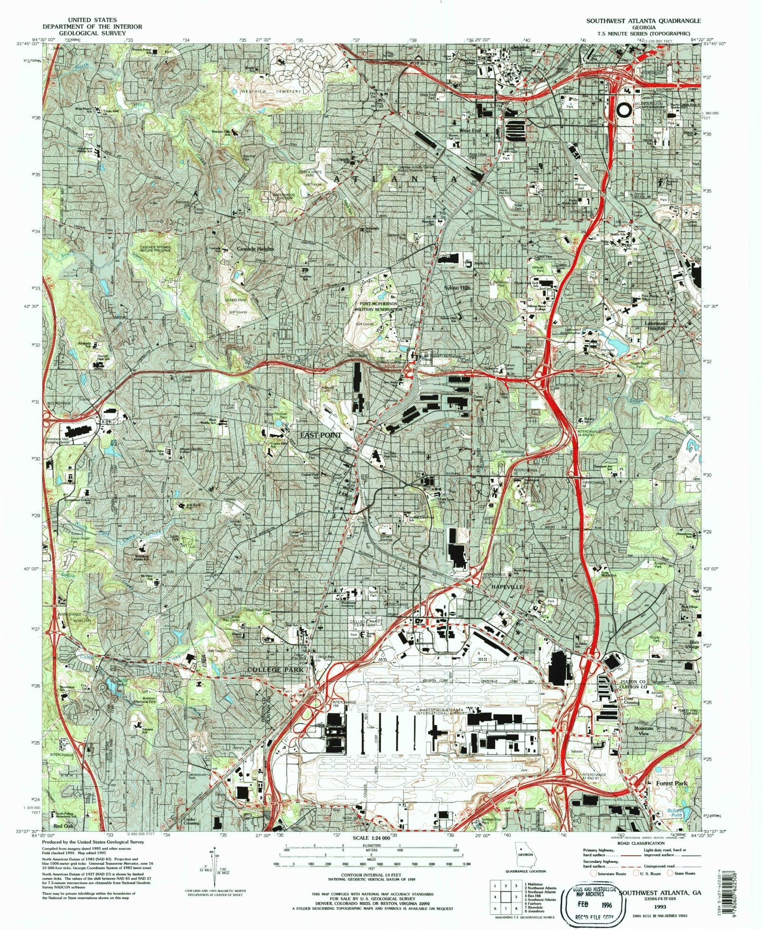 Classic USGS Southwest Atlanta Georgia 7.5'x7.5' Topo Map Image
