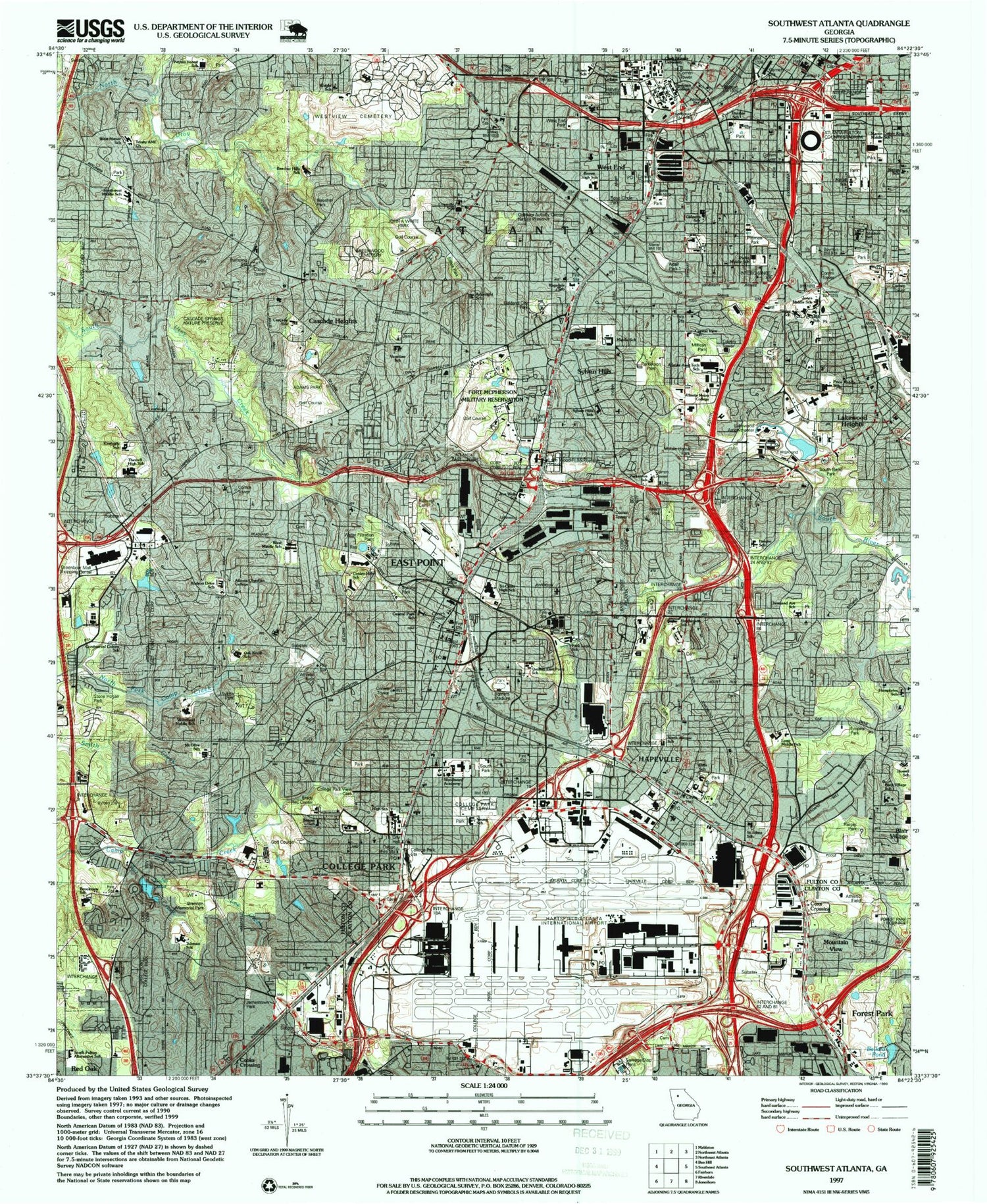 Classic USGS Southwest Atlanta Georgia 7.5'x7.5' Topo Map Image
