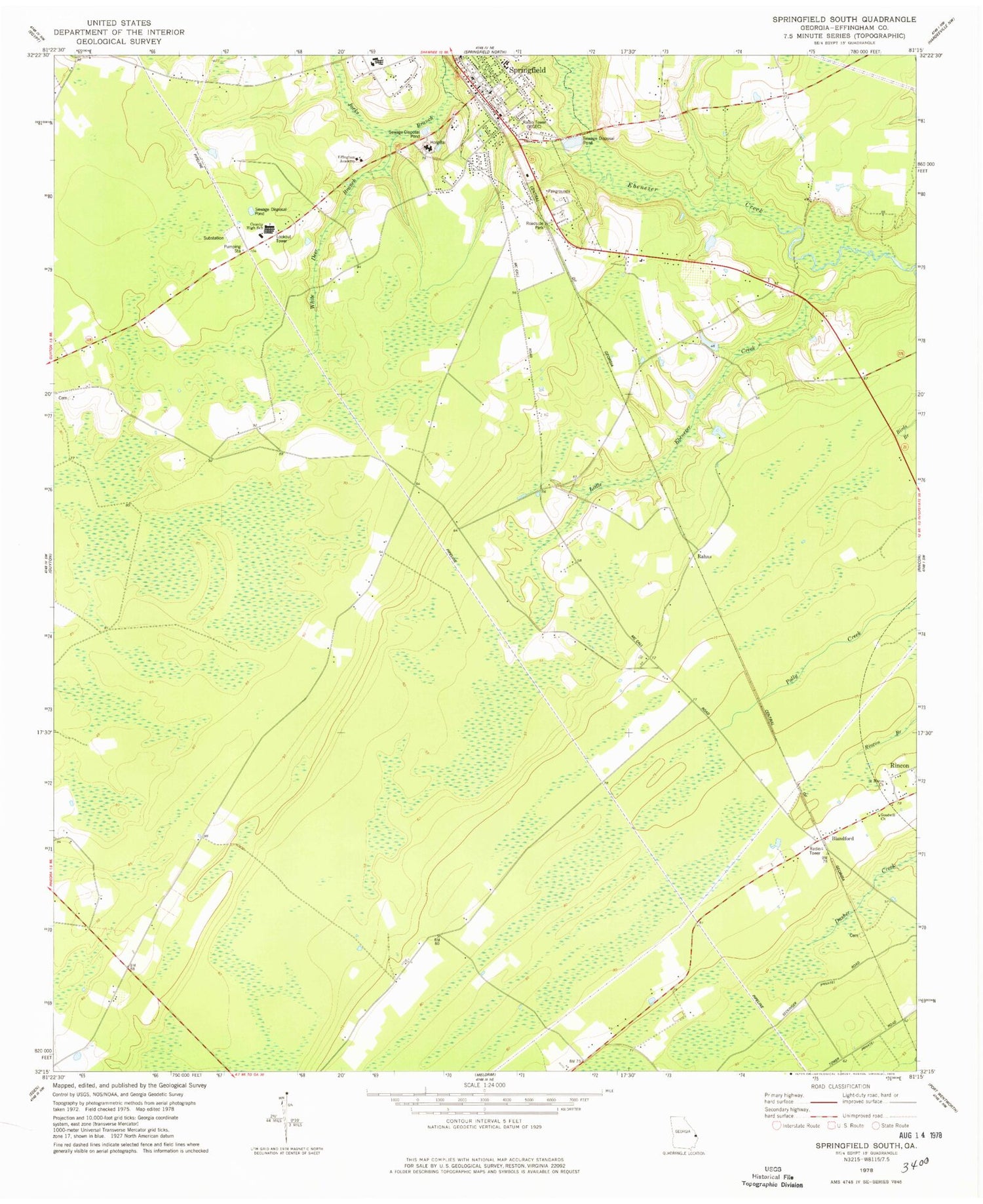 Classic USGS Springfield South Georgia 7.5'x7.5' Topo Map Image